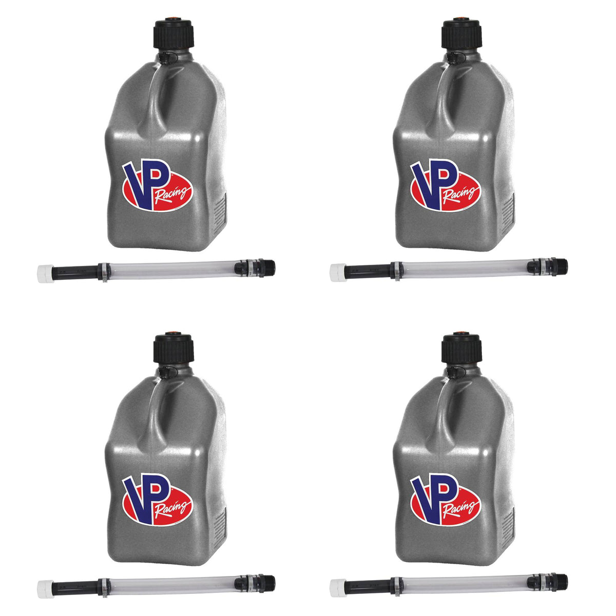 VP Racing Fuels 5.5 Gallon Utility Jugs w/ Deluxe Filler Hoses, Silver (4 Pack)