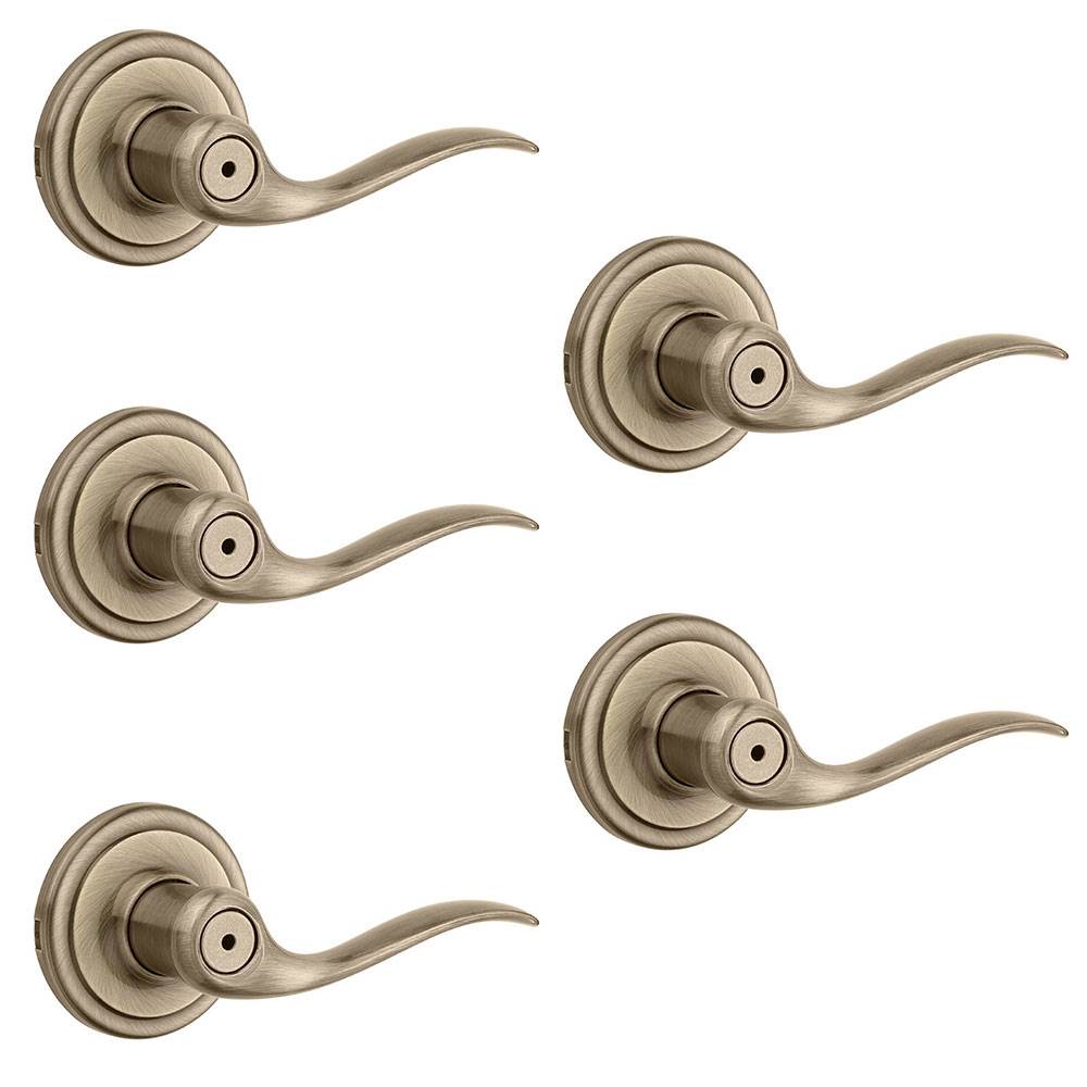 Kwikset Tustin Reversible Bed/Bath Lever Door Handle, Antique Brass (5 Pack)