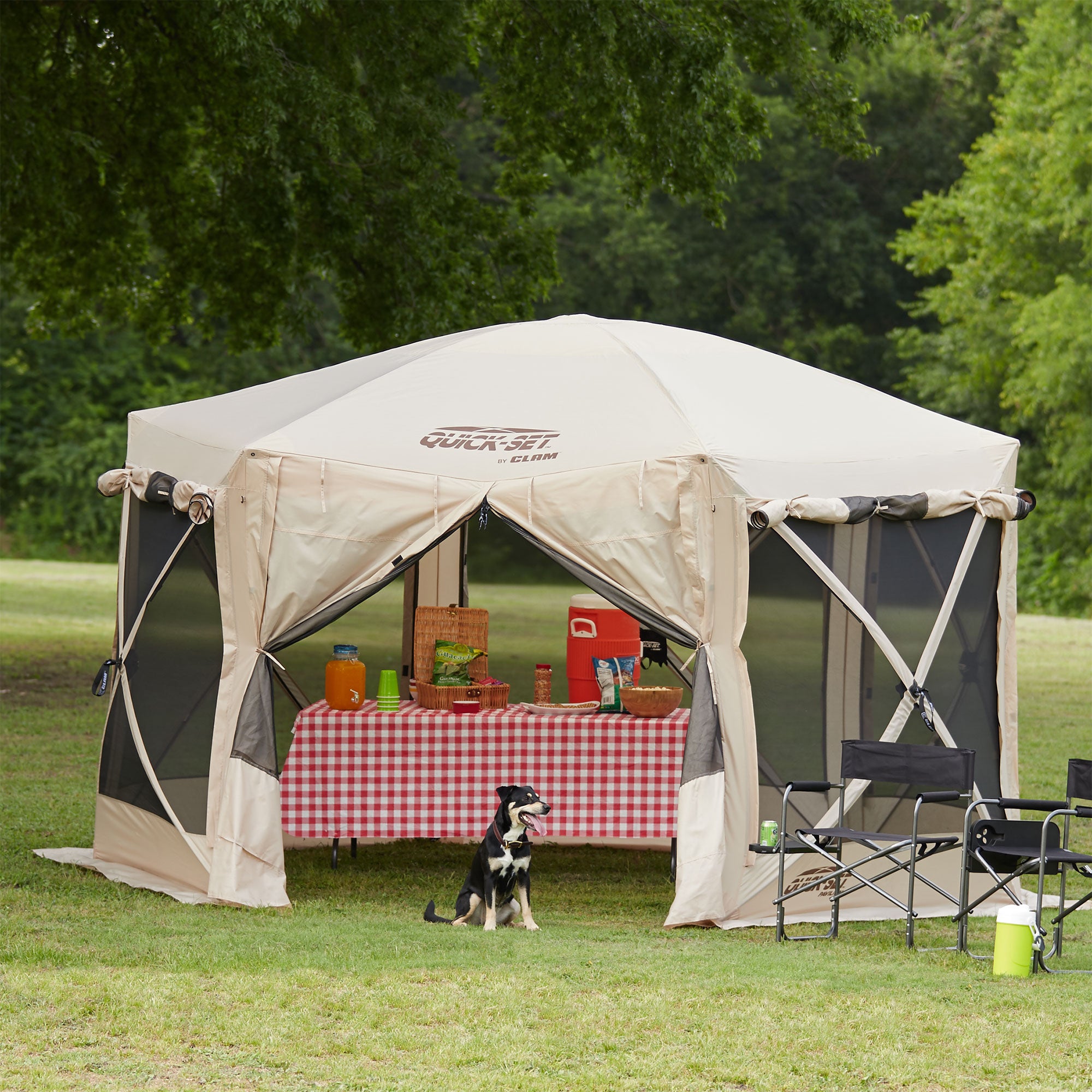 Clam Quick Set Pavilion Camping Outdoor Gazebo Canopy Shelter, Tan (Open Box) - VMInnovations