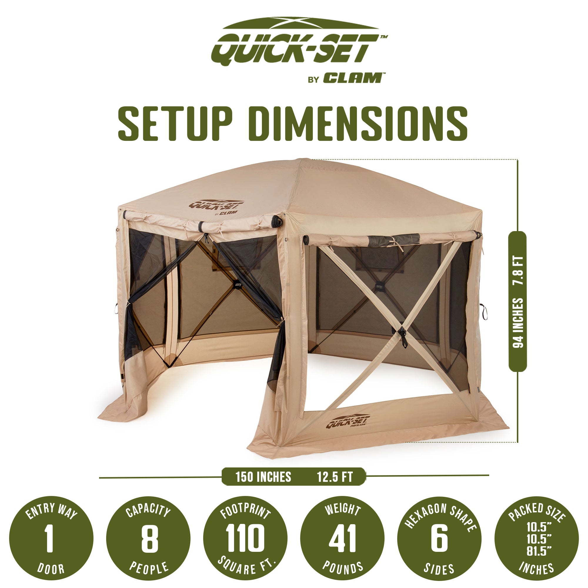 CLAM Quick-Set Pavilion 12.5 x 12.5 Foot Portable Outdoor Canopy Shelter, Tan - VMInnovations