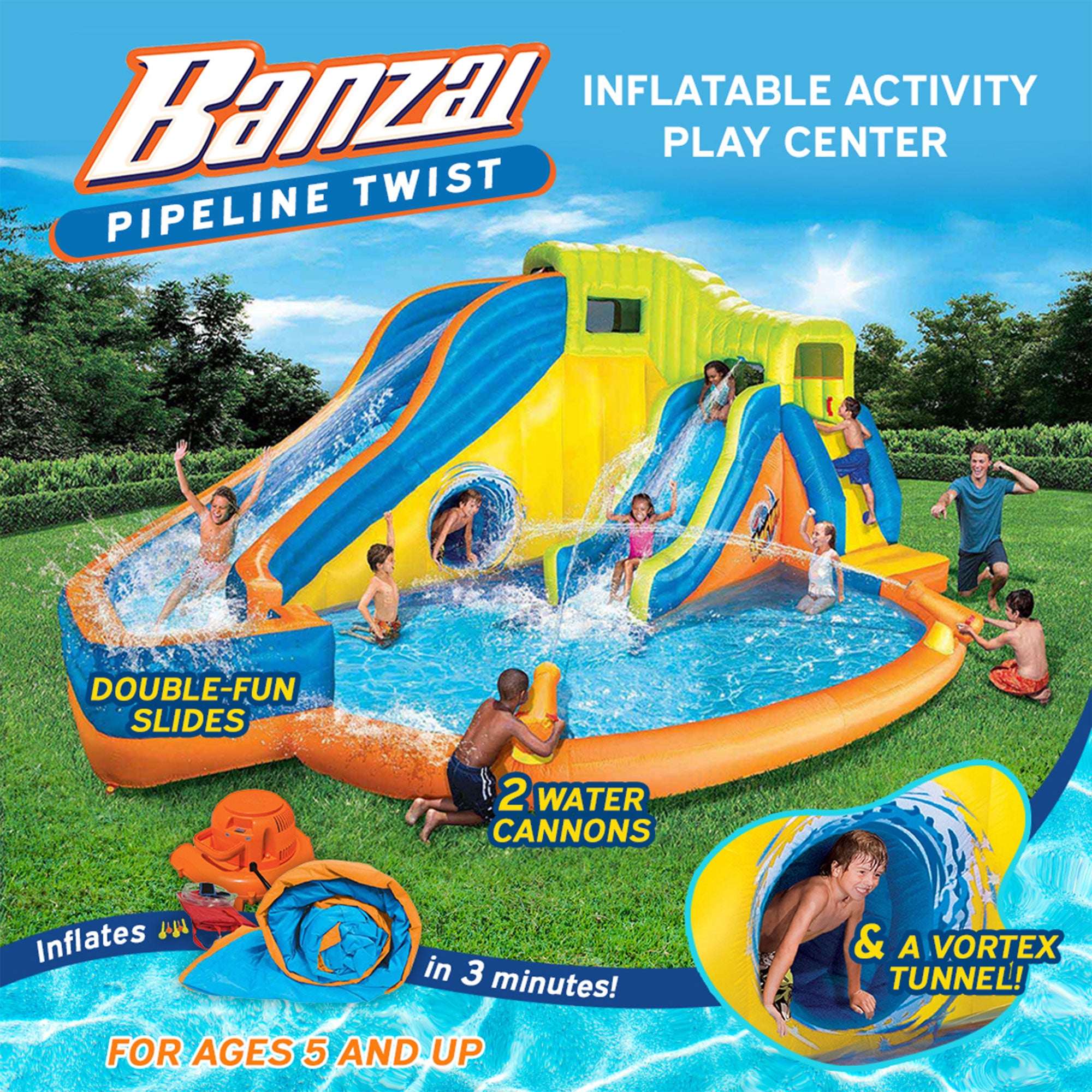 Banzai Pipeline Twist Kids Inflatable Backyard Waterpark Activity Play Center - VMInnovations