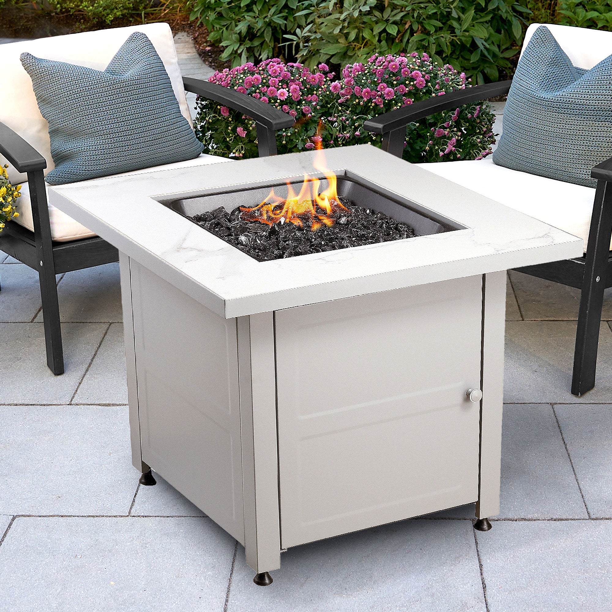 Endless Summer 30 inch Gas Fire Pit Table with Cover, Faux Marble Finish (Used) - VMInnovations