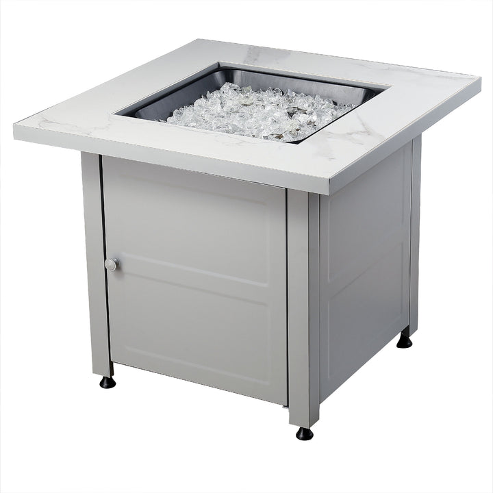 Endless Summer Outdoor Fire Pit Table with Faux Marble Finish, White Glass - VMInnovations