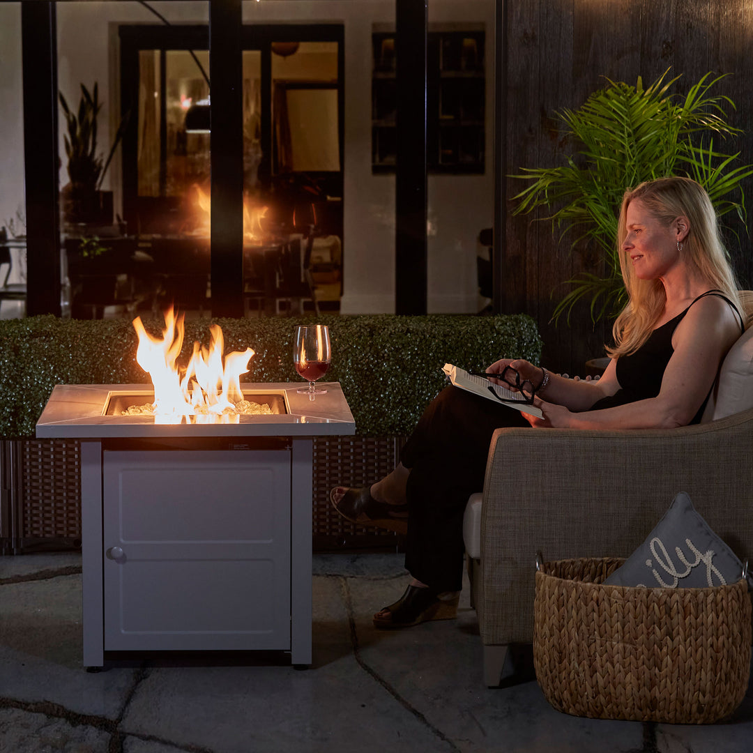 Endless Summer Outdoor Fire Pit Table with Faux Marble Finish, White Glass - VMInnovations