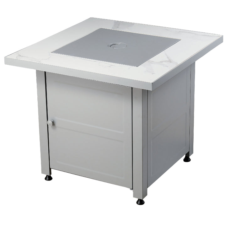 Endless Summer Outdoor Fire Pit Table with Faux Marble Finish, White Glass - VMInnovations