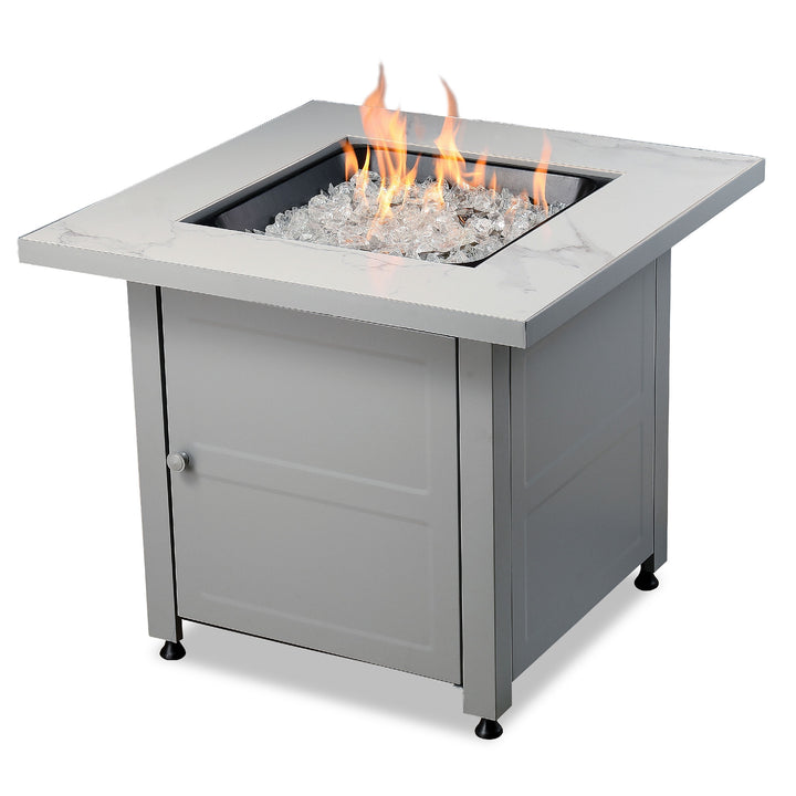 Endless Summer Outdoor Fire Pit Table with Faux Marble Finish, White Glass - VMInnovations