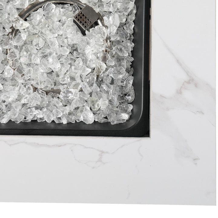 Endless Summer Outdoor Fire Pit Table with Faux Marble Finish, White Glass - VMInnovations