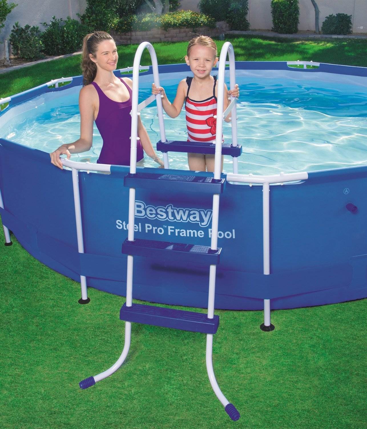 Bestway 36" Steel Above Ground Pool Ladder & 12' Round Frame Easy Set Cover