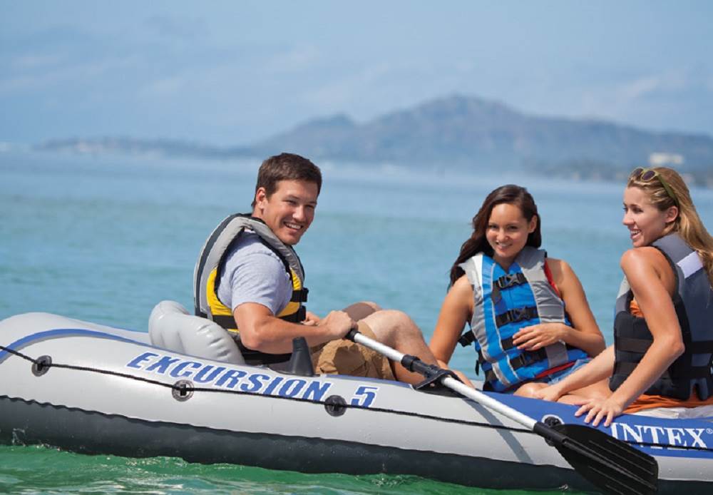 Intex Excursion 5 Inflatable Boat Set & 2 Transom Mount 8 Speed Trolling Motors