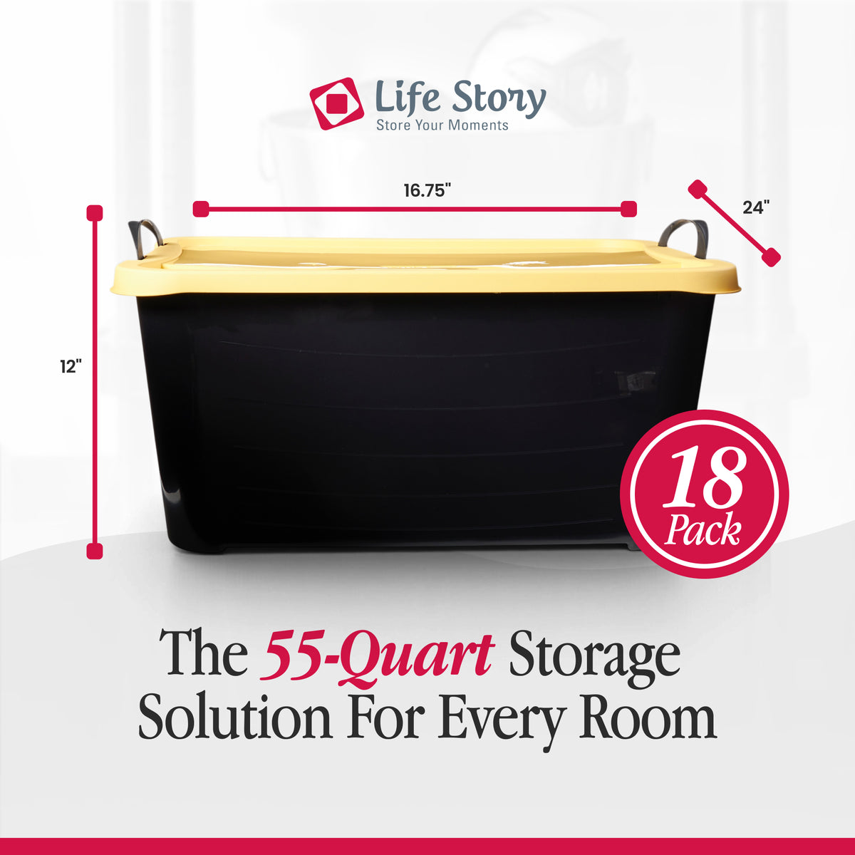 Life Story 55 Quart Stackable Storage Bin, Heavy Duty Lidded Container, 18 Pack
