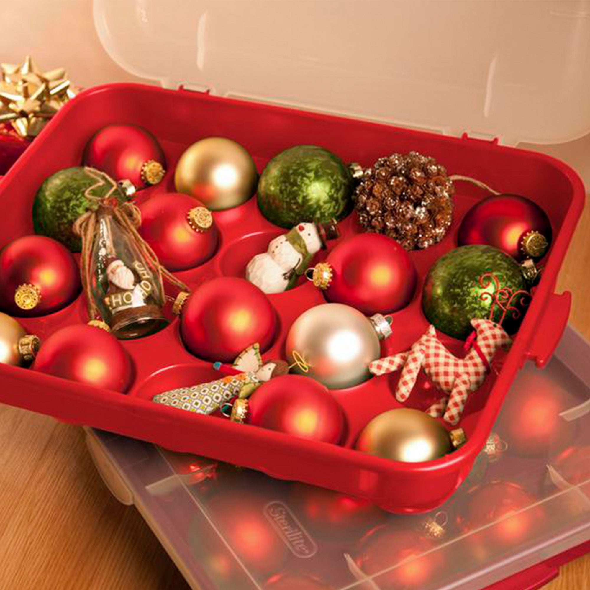 Sterilite 20 Compartment 3 Inch Ornament Storage Case with Lid, Red (18 Pack)