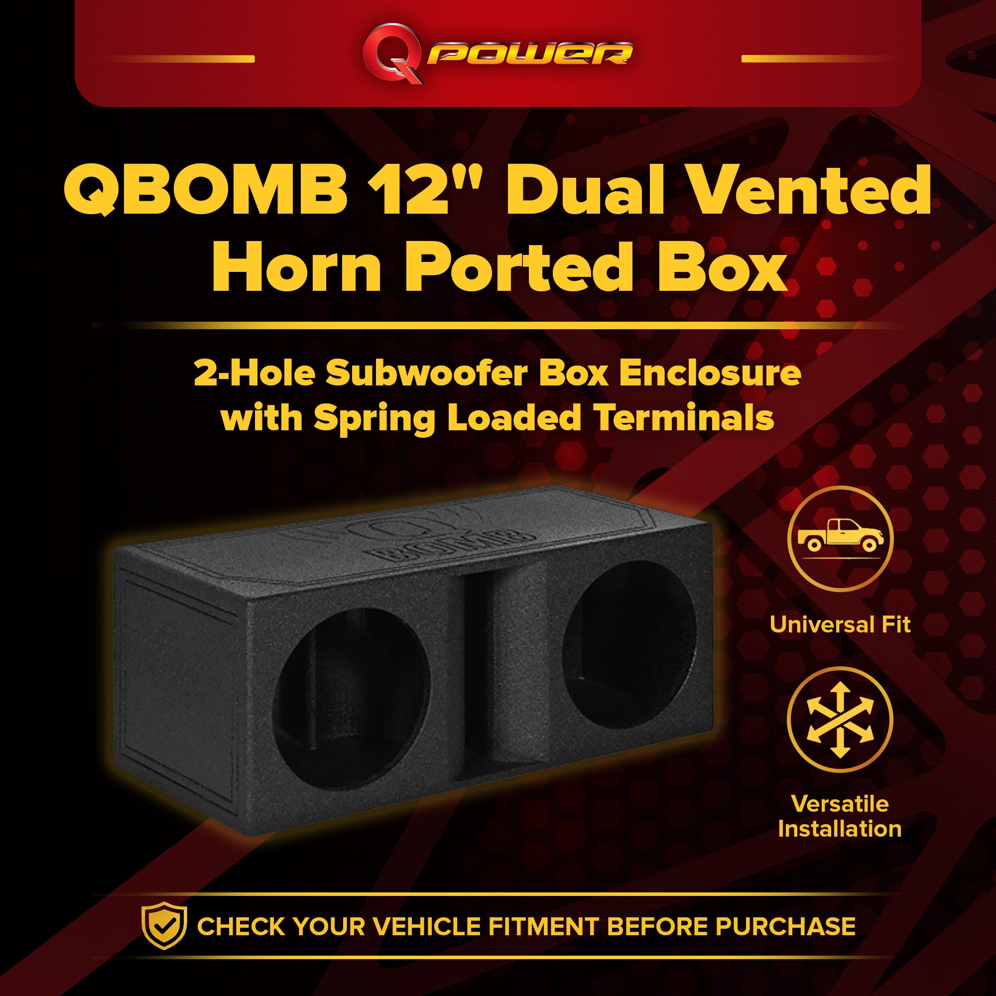 QPower QBomb Dual Vented Horn Ported Subwoofer Box Finished with Bed Liner - VMInnovations
