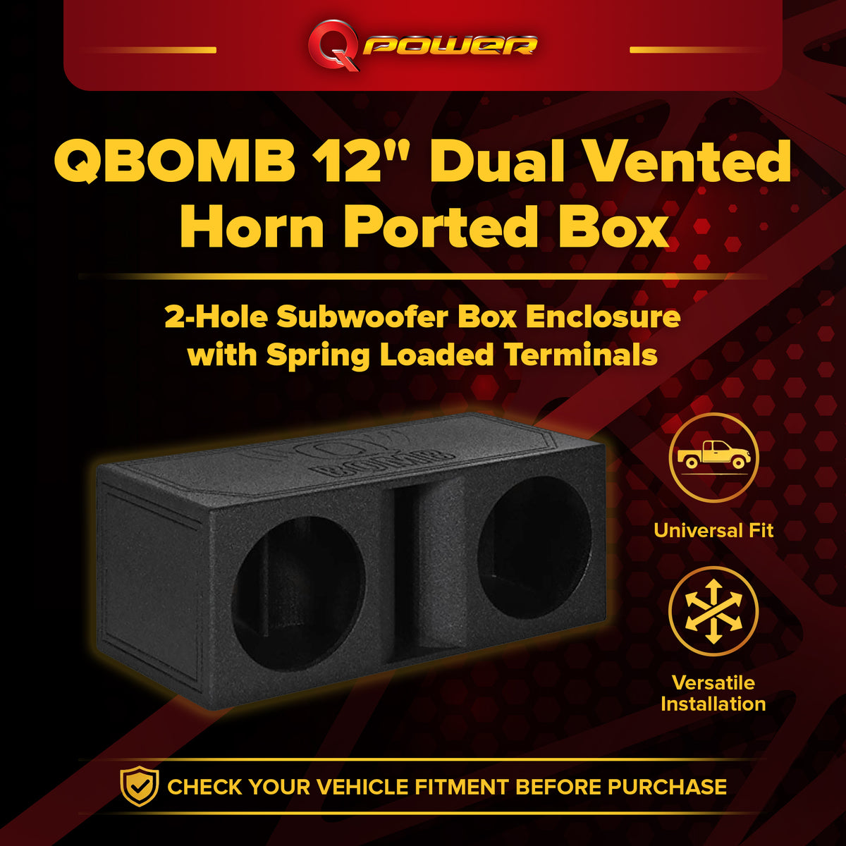 QPower QBomb Dual Vented Horn Ported Subwoofer Box Finished with Bed Liner