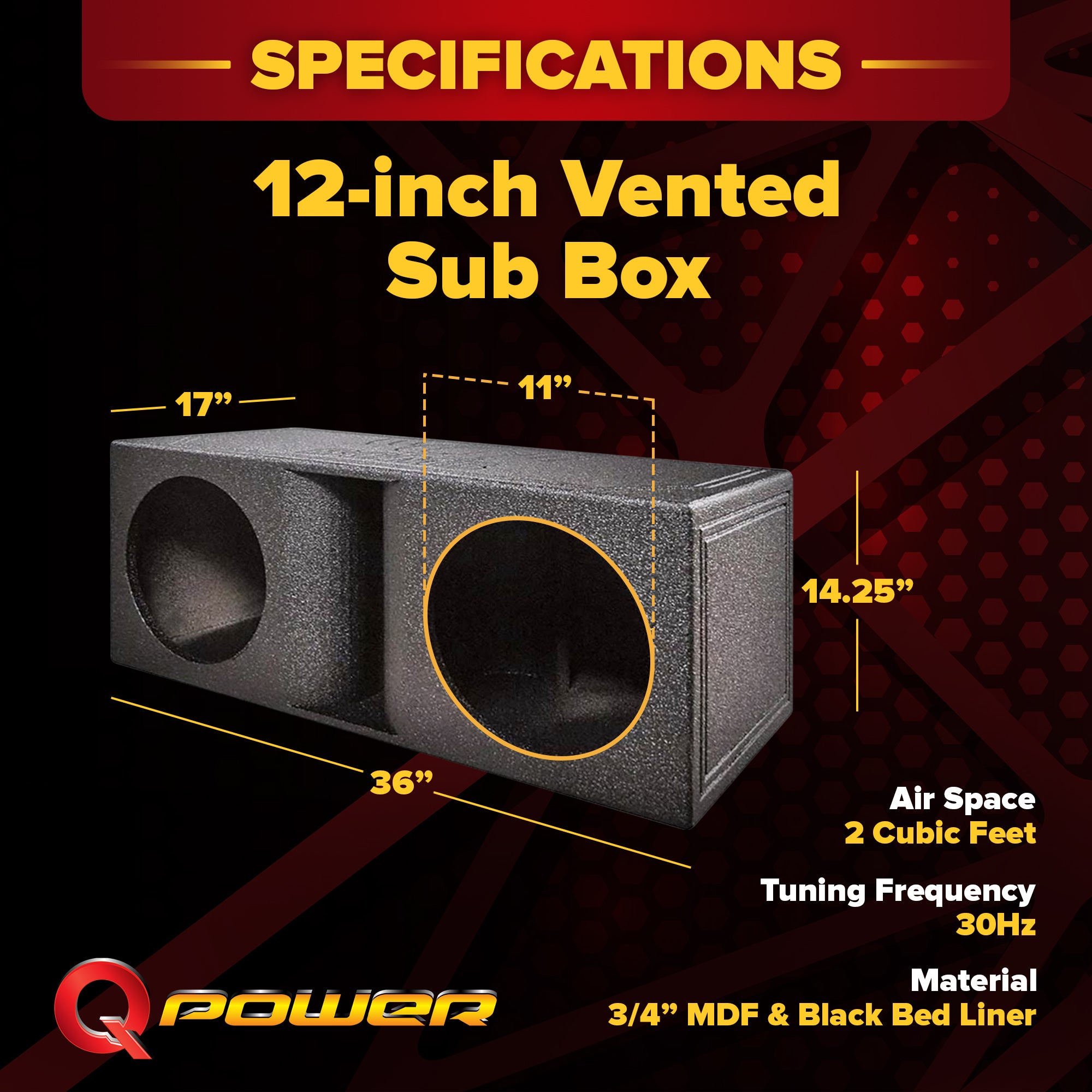 QPower QBomb Dual Vented Horn Ported Subwoofer Box Finished with Bed Liner - VMInnovations