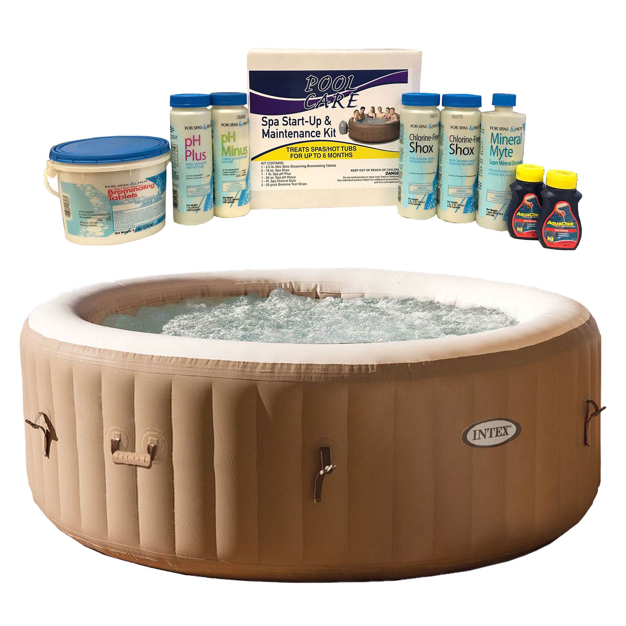 Intex PureSpa 4-Person Inflatable Spa, Tan & Qualco 6 Month Hot Tub Chemical Kit