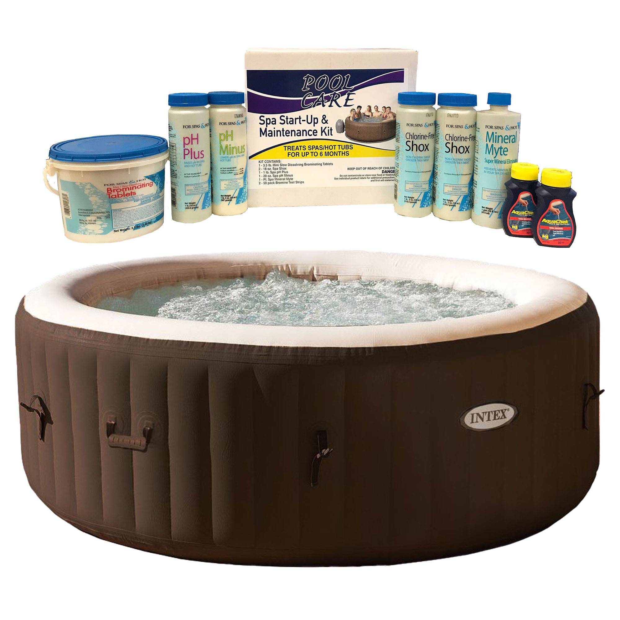Intex PureSpa 4 Person Inflatable Hot Tub, Brown & 6 Month Spa Chemical Kit - VMInnovations