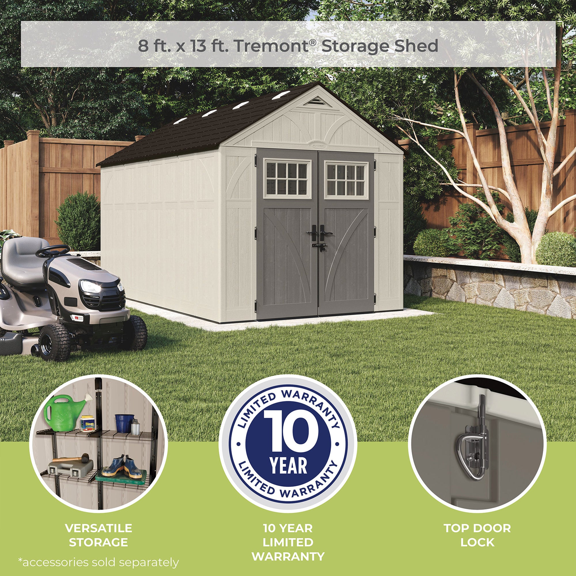 Suncast 8' x 13' Heavy-Duty Resin Tremont Storage Shed, Sand - VMInnovations