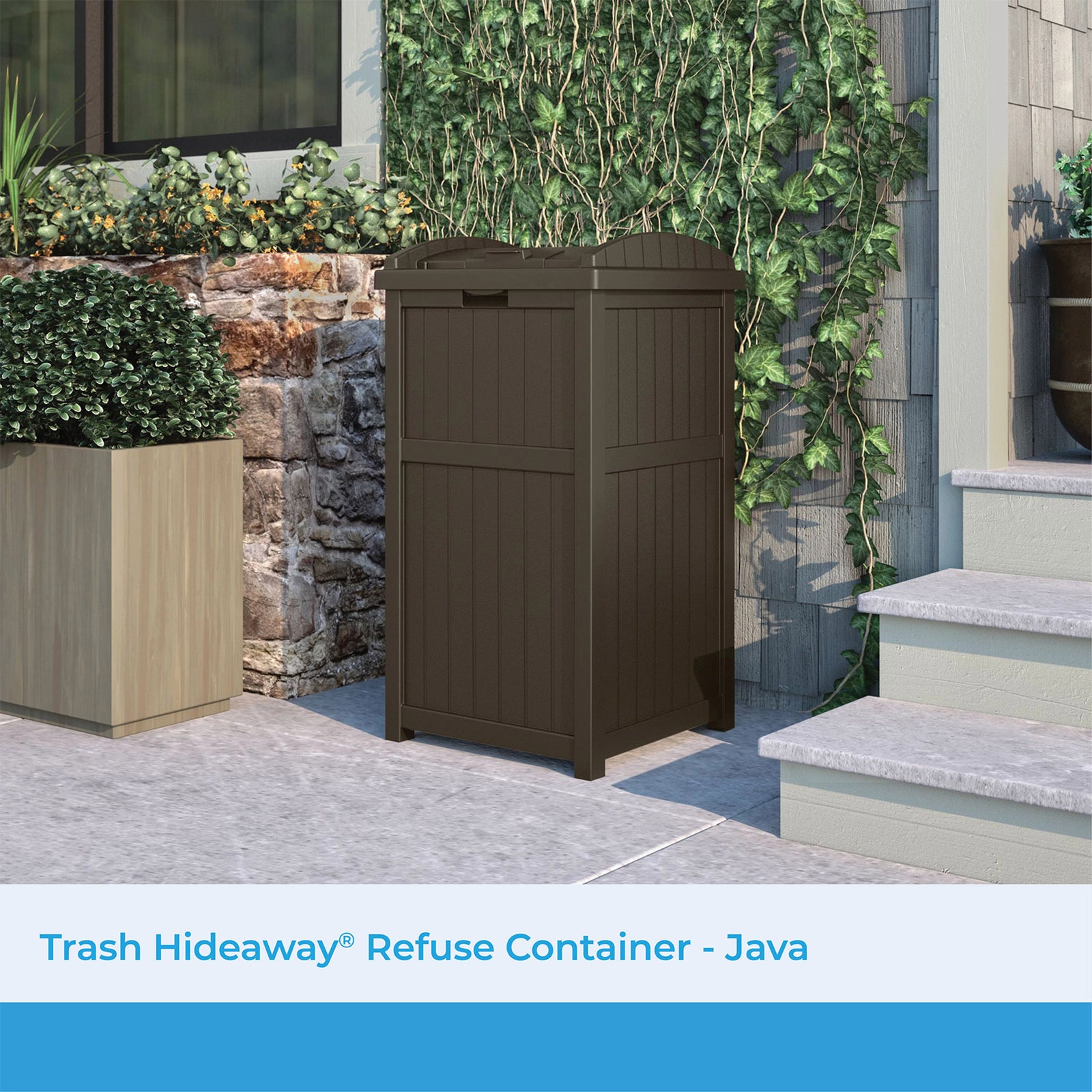 Suncast 33 Gal Hideaway Outdoor Backyard Garbage Can with Secure Lid, Java Brown - VMInnovations