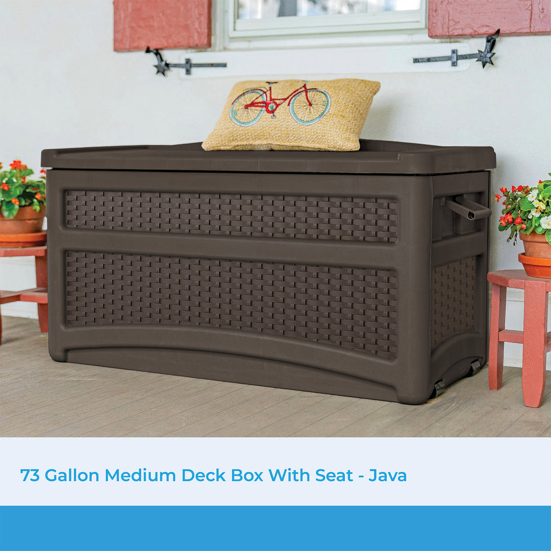 Suncast DBW7500 73 Gallon Outdoor Patio Storage Chest with Handles & Seat, Java - VMInnovations