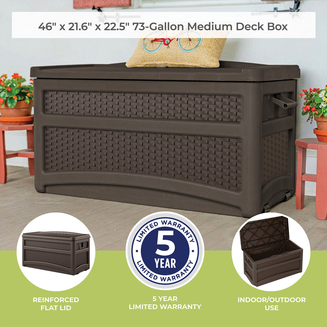Suncast DBW7500 73 Gallon Outdoor Patio Storage Chest with Handles & Seat, Java - VMInnovations