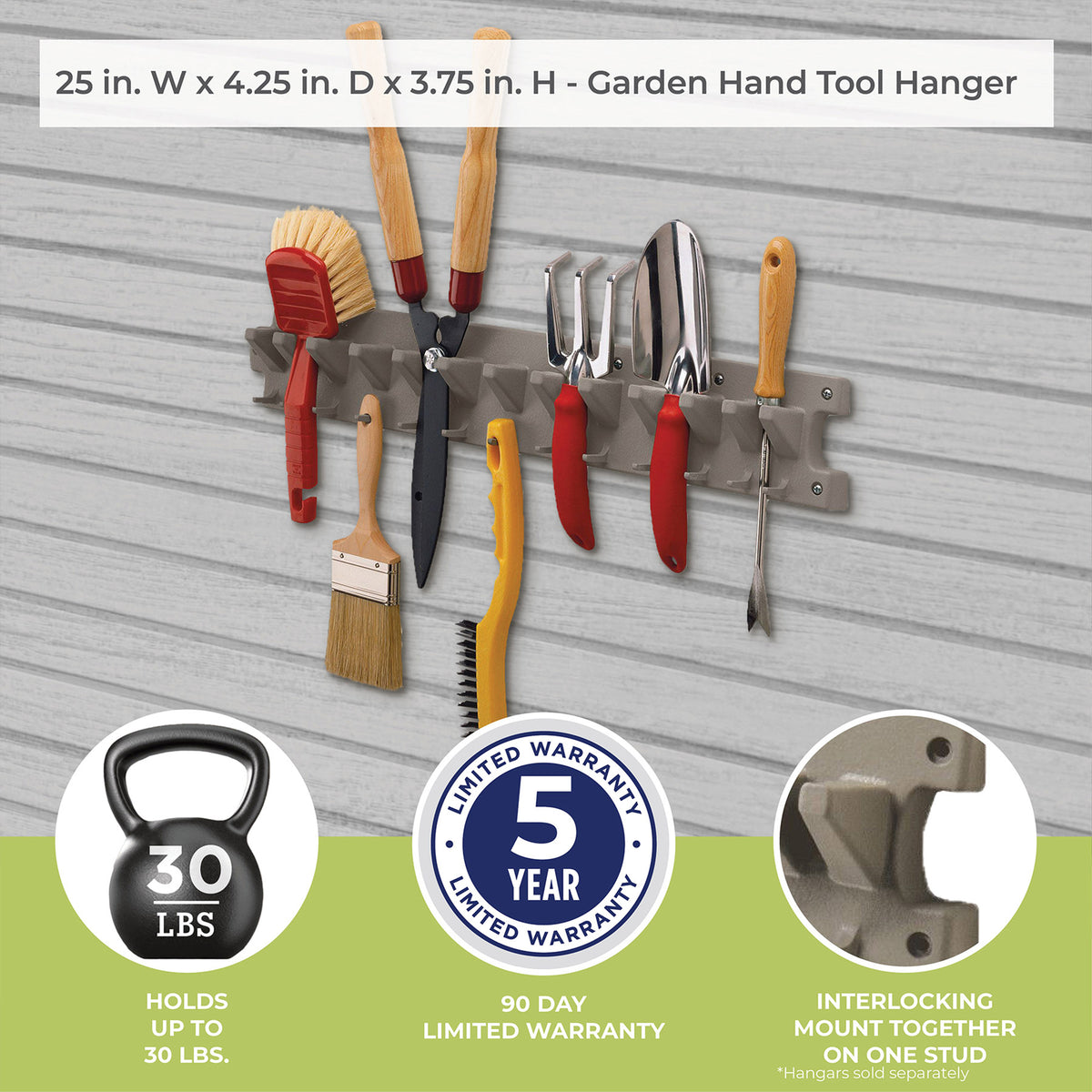 Suncast 2 Foot Wall Mounted Garage Garden Hand Tool Organizer, Platinum (Used)