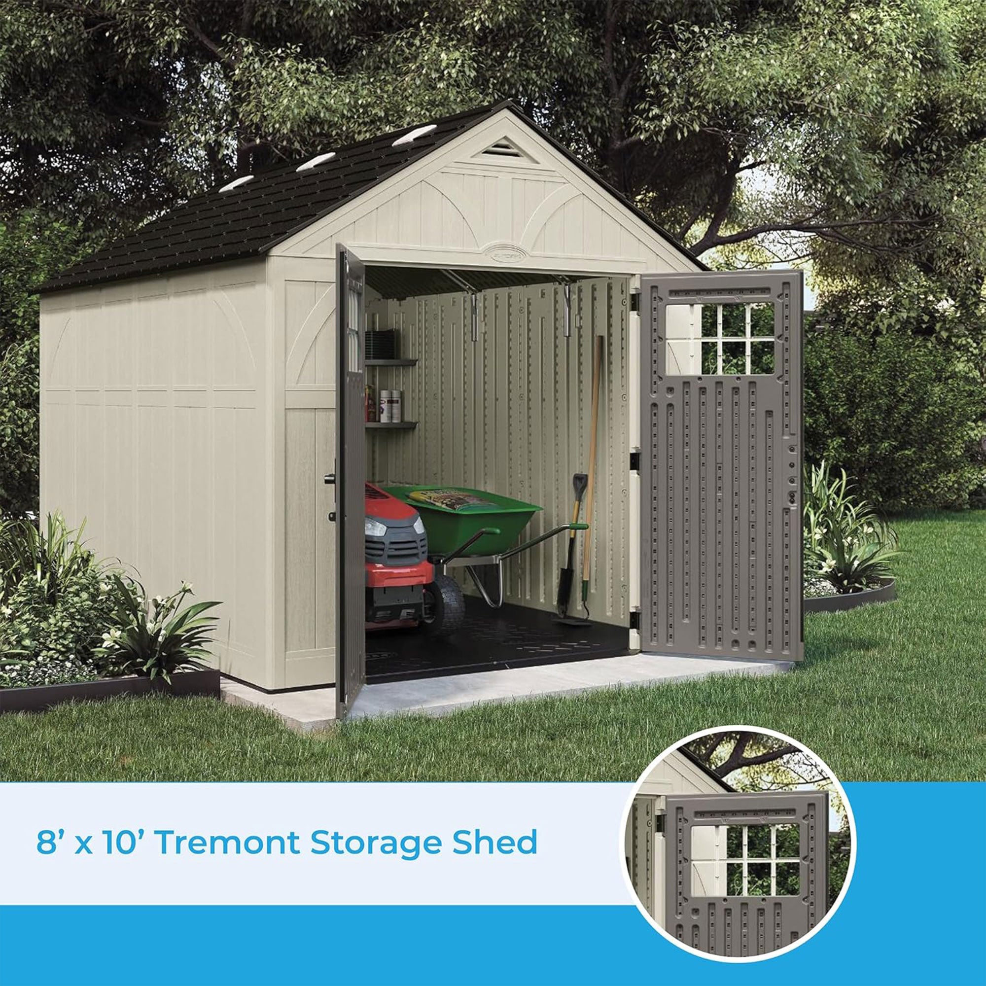 Suncast Tremont 8 ft. x 10 ft. Heavy Duty Resin Storage Shed w/Windows, Vanilla - VMInnovations