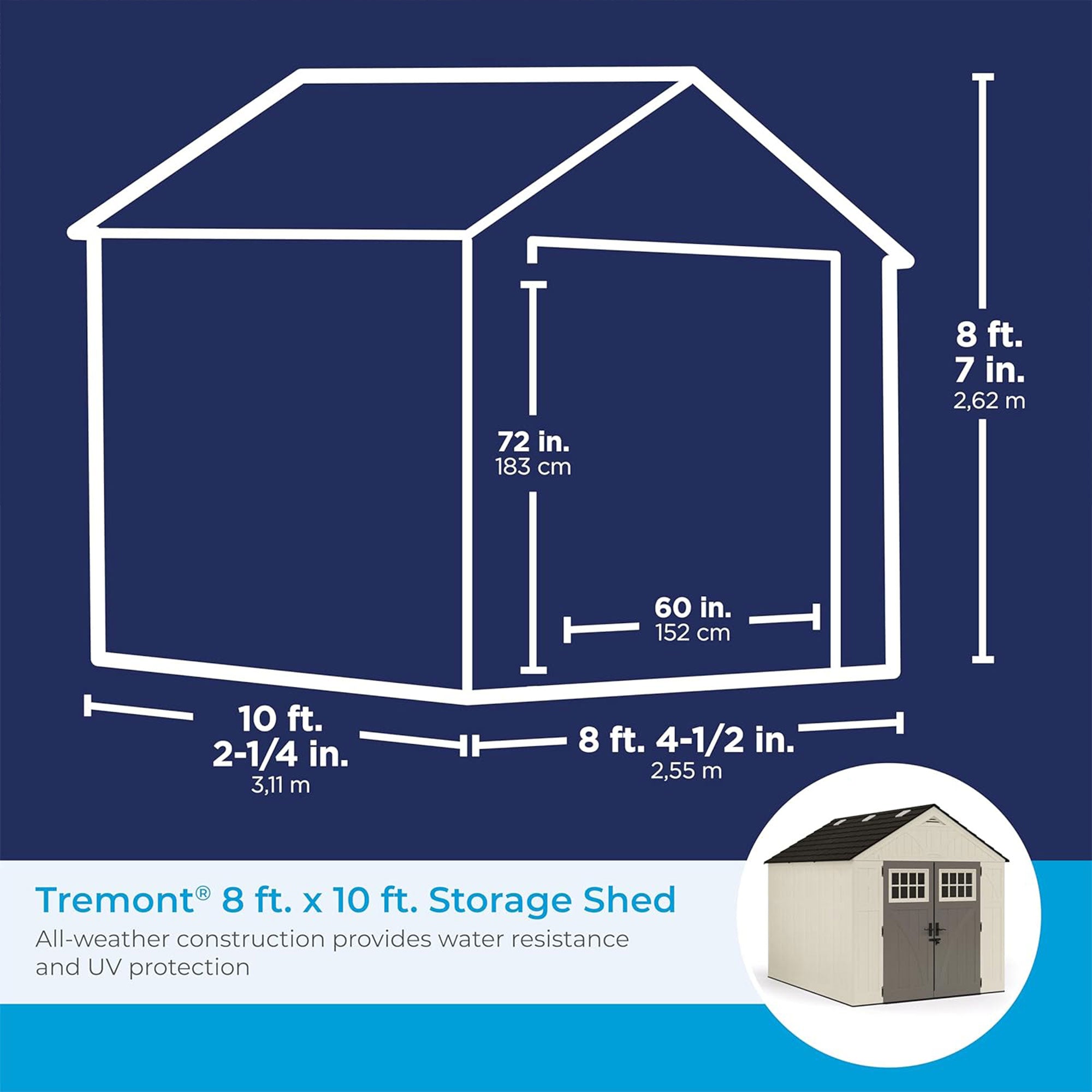 Suncast Tremont 8 ft. x 10 ft. Heavy Duty Resin Storage Shed w/Windows, Vanilla - VMInnovations