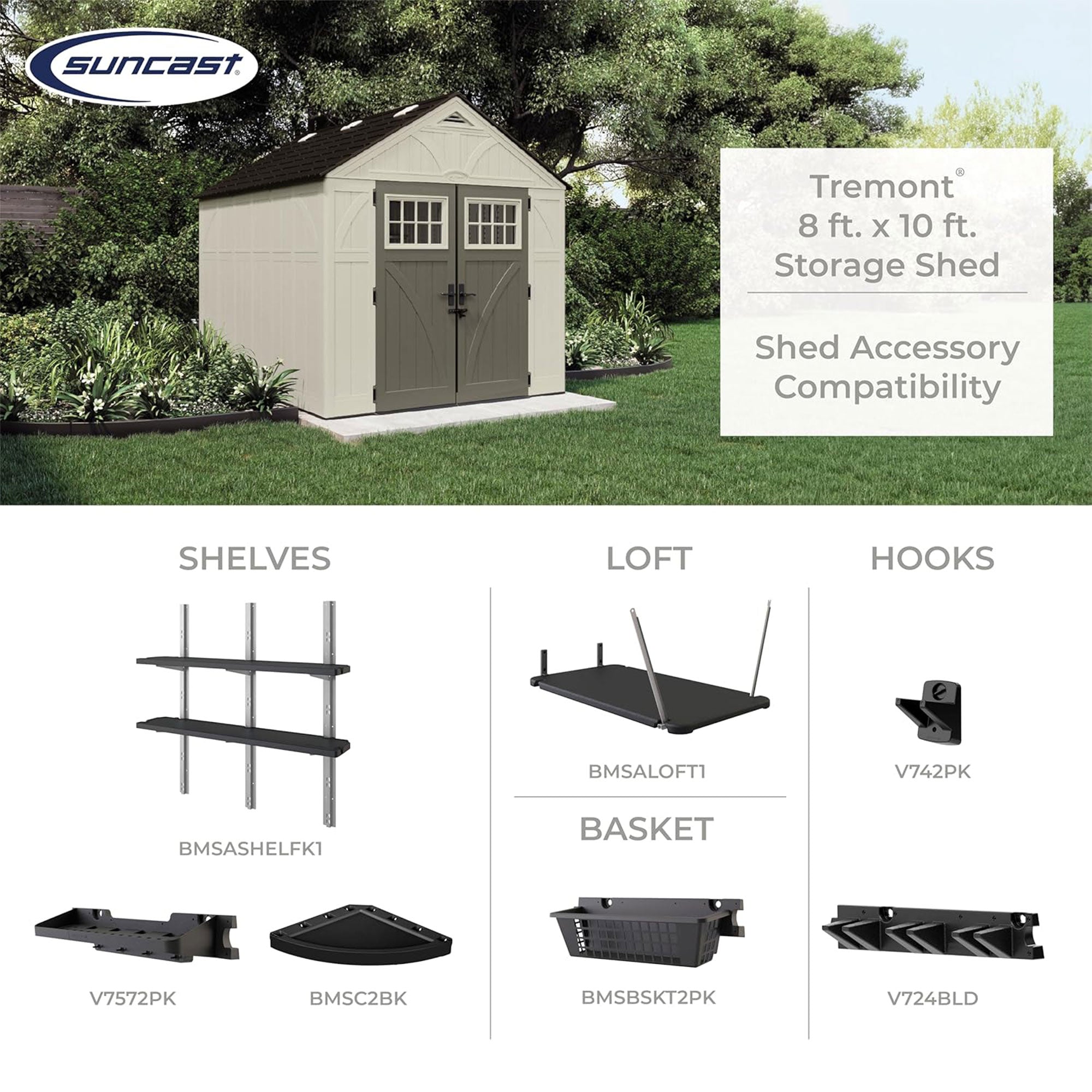 Suncast Tremont 8 ft. x 10 ft. Heavy Duty Resin Storage Shed w/Windows, Vanilla - VMInnovations