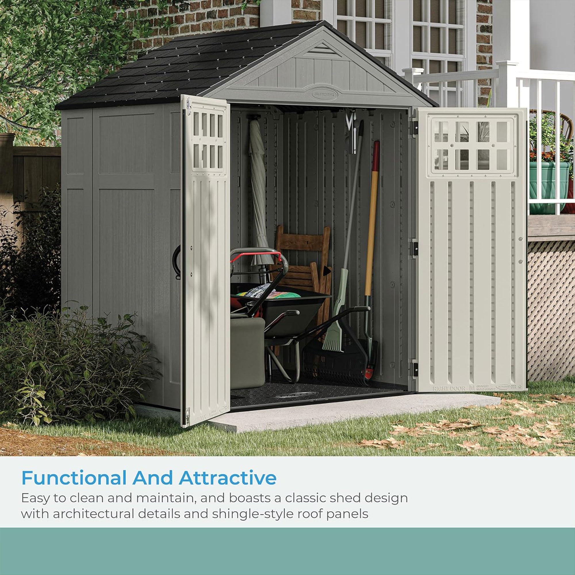 Suncast Everett 6 x 5 ft. Storage Equipment Shed w/Double Door Entry, Dove Gray - VMInnovations