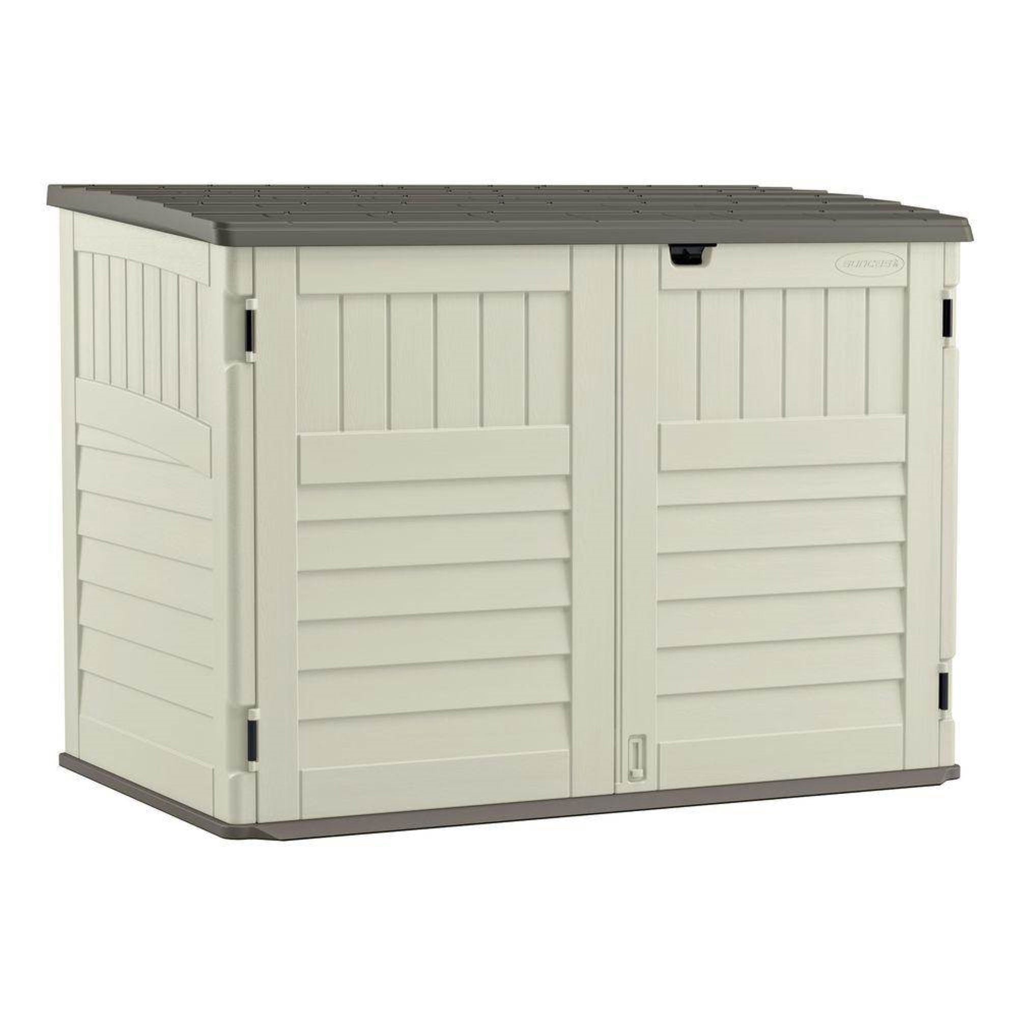 Suncast Stow Away Resin Horizontal Shed, Storage Space for Garbage Cans, Vanilla