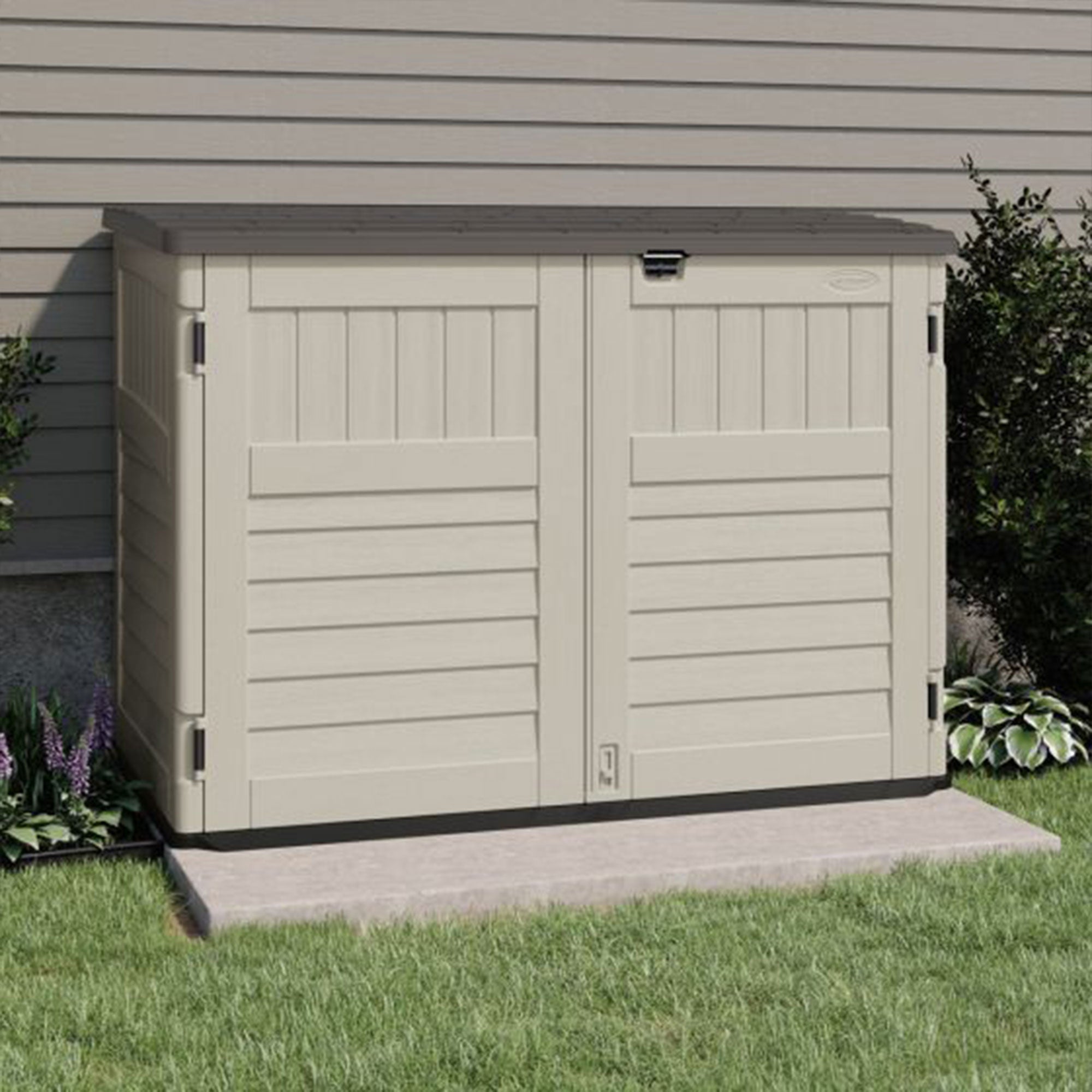 Suncast Stow Away Resin Horizontal Shed, Storage Space for Garbage Cans, Vanilla