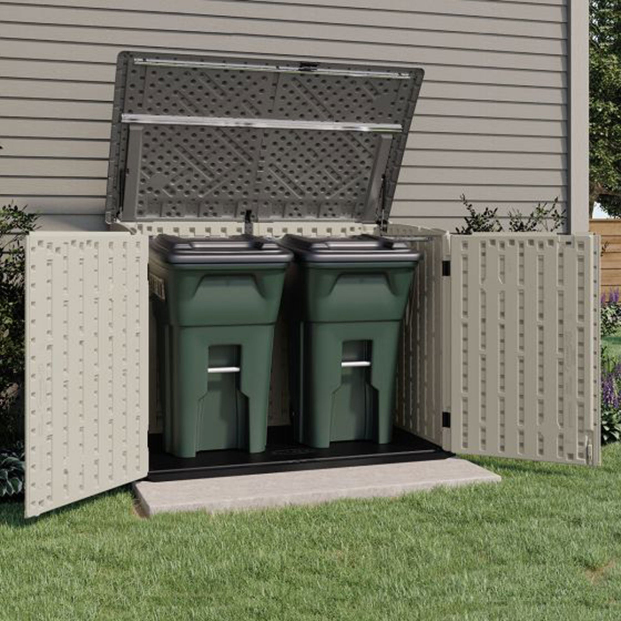 Suncast Stow Away Resin Horizontal Shed, Storage Space for Garbage Cans, Vanilla