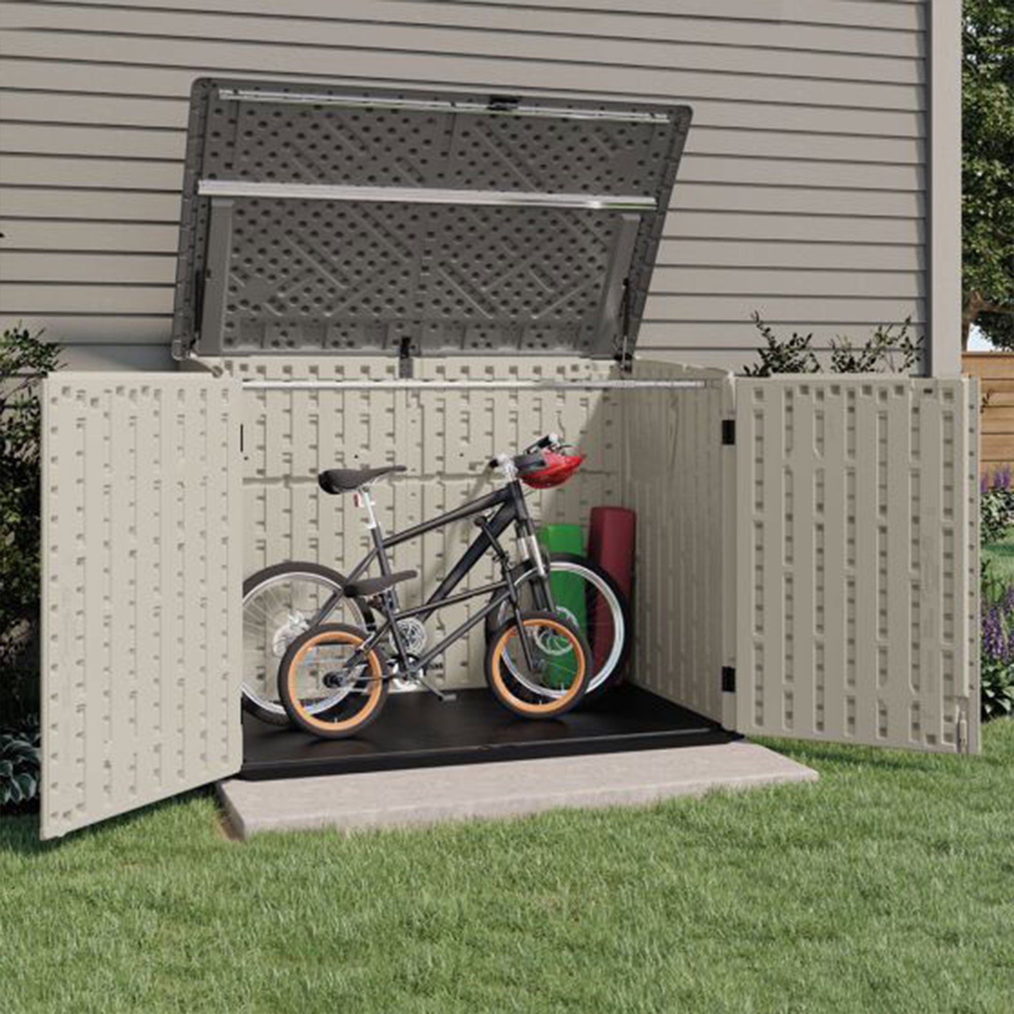 Suncast Stow Away Resin Horizontal Shed, Storage Space for Garbage Cans, Vanilla