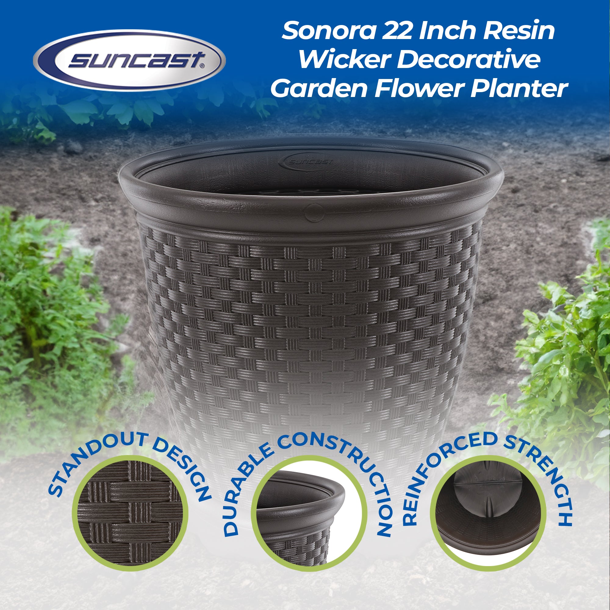 Suncast Sonora 22 Inch Resin Wicker Garden Flower Planter, Java (Used)