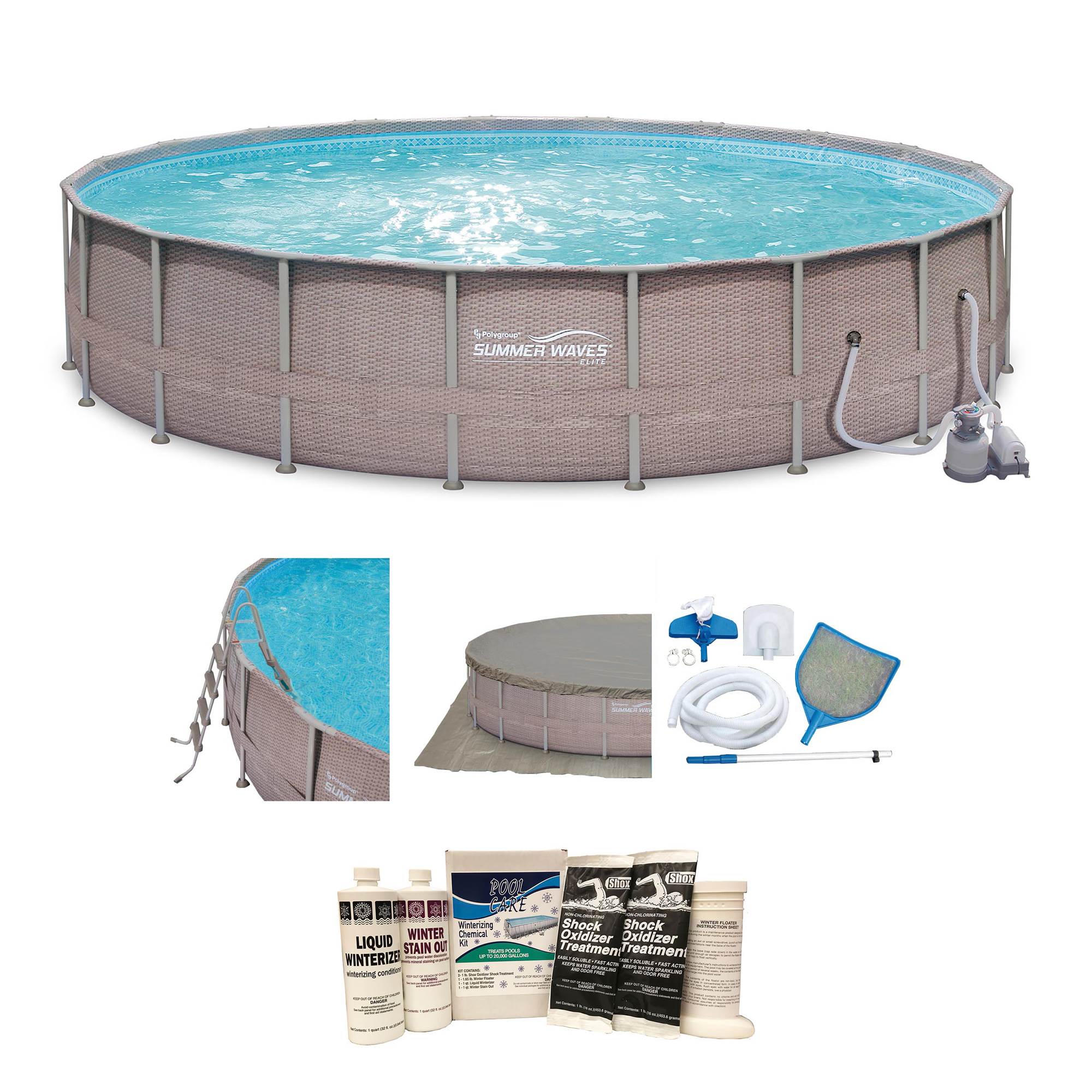 Summer Waves 24ft x 52in Elite Wicker Print Frame Pool w/ Pump & Winterizing Kit