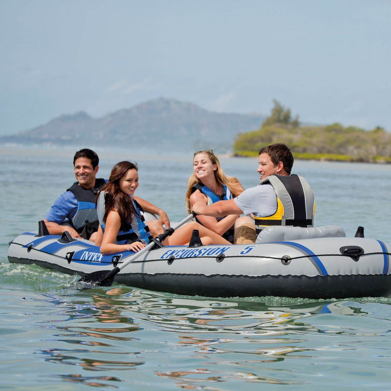 Intex Excursion 5 Person Inflatable Raft, 2 Oars & 2 Black Life Jackets, L XL - VMInnovations