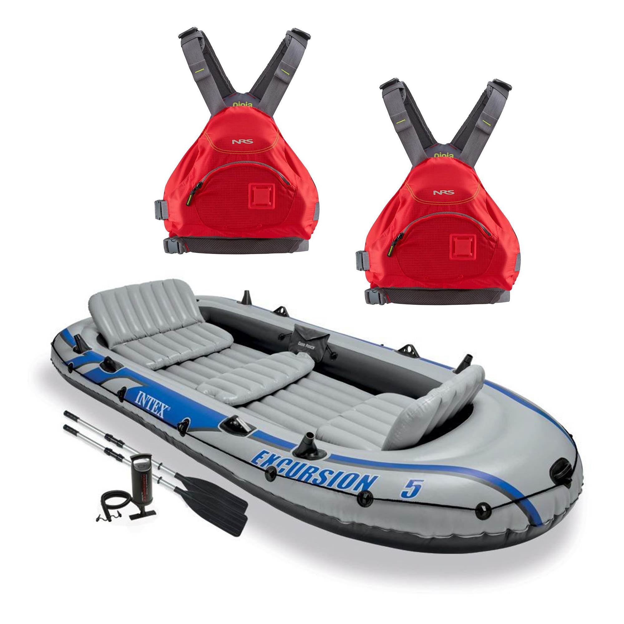 Intex Excursion 5 Person Inflatable Raft, 2 Oars & 2 Red Life Jackets, Small Med