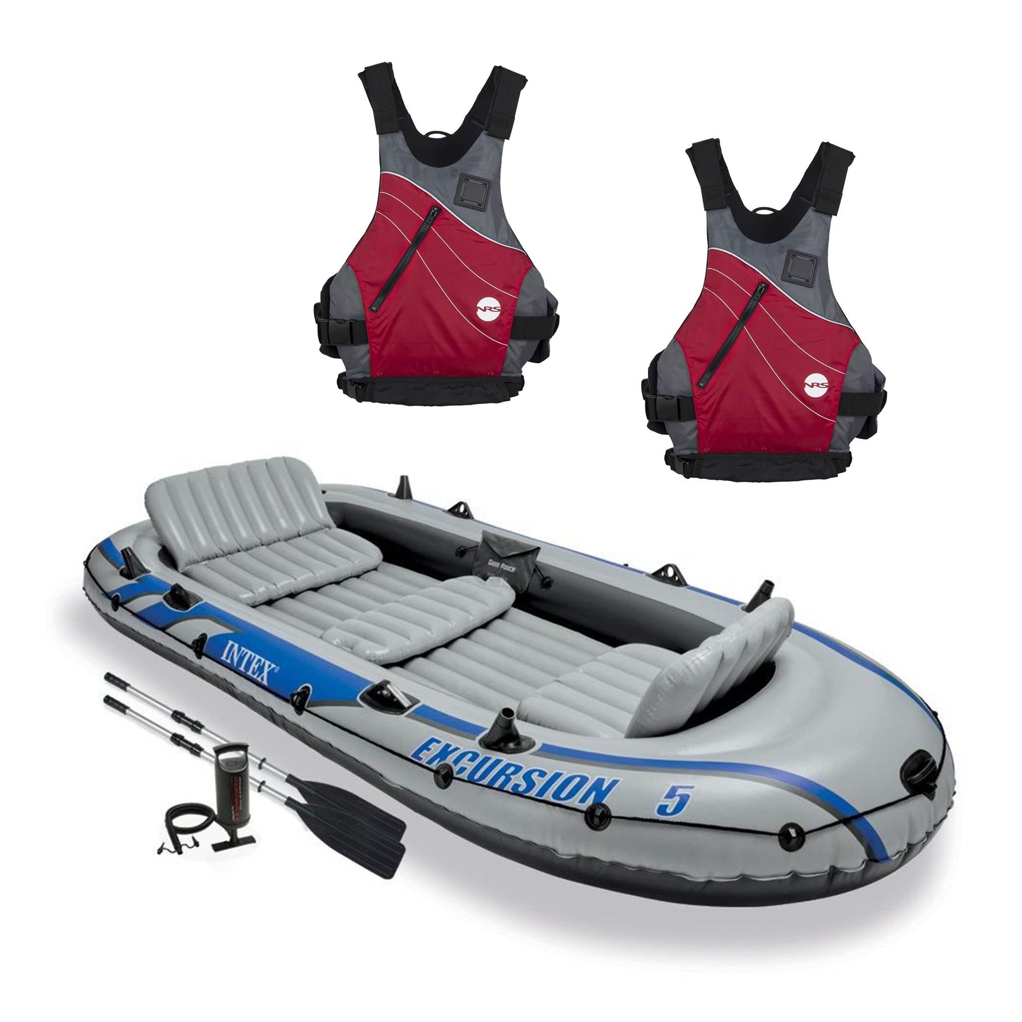 Intex Excursion 5 Person Inflatable Raft, 2 Oars & 2 Red Life Jackets, Small Med