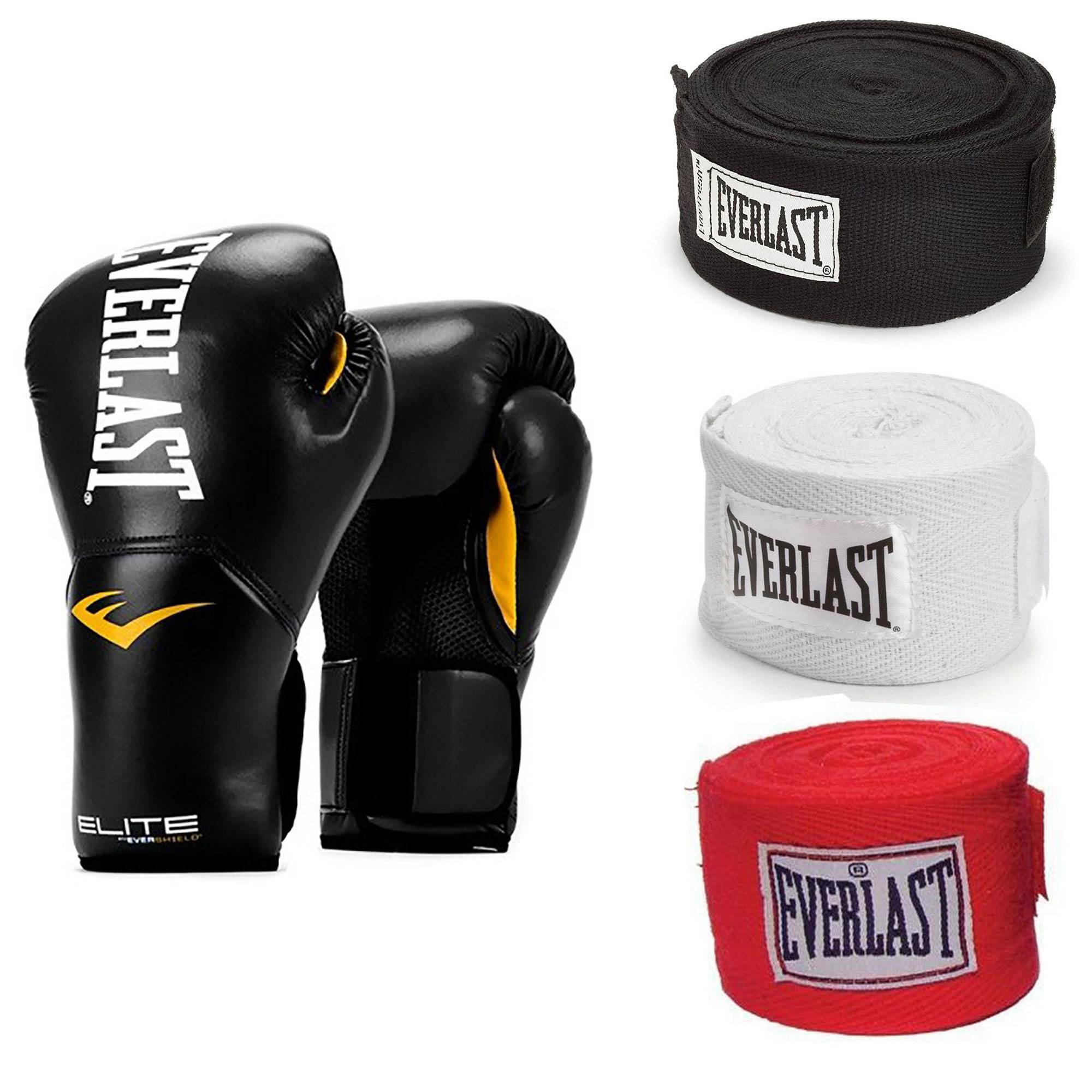 Everlast Black Elite ProStyle Boxing Gloves 12 Oz & 120-Inch Hand Wraps (3 Pack)