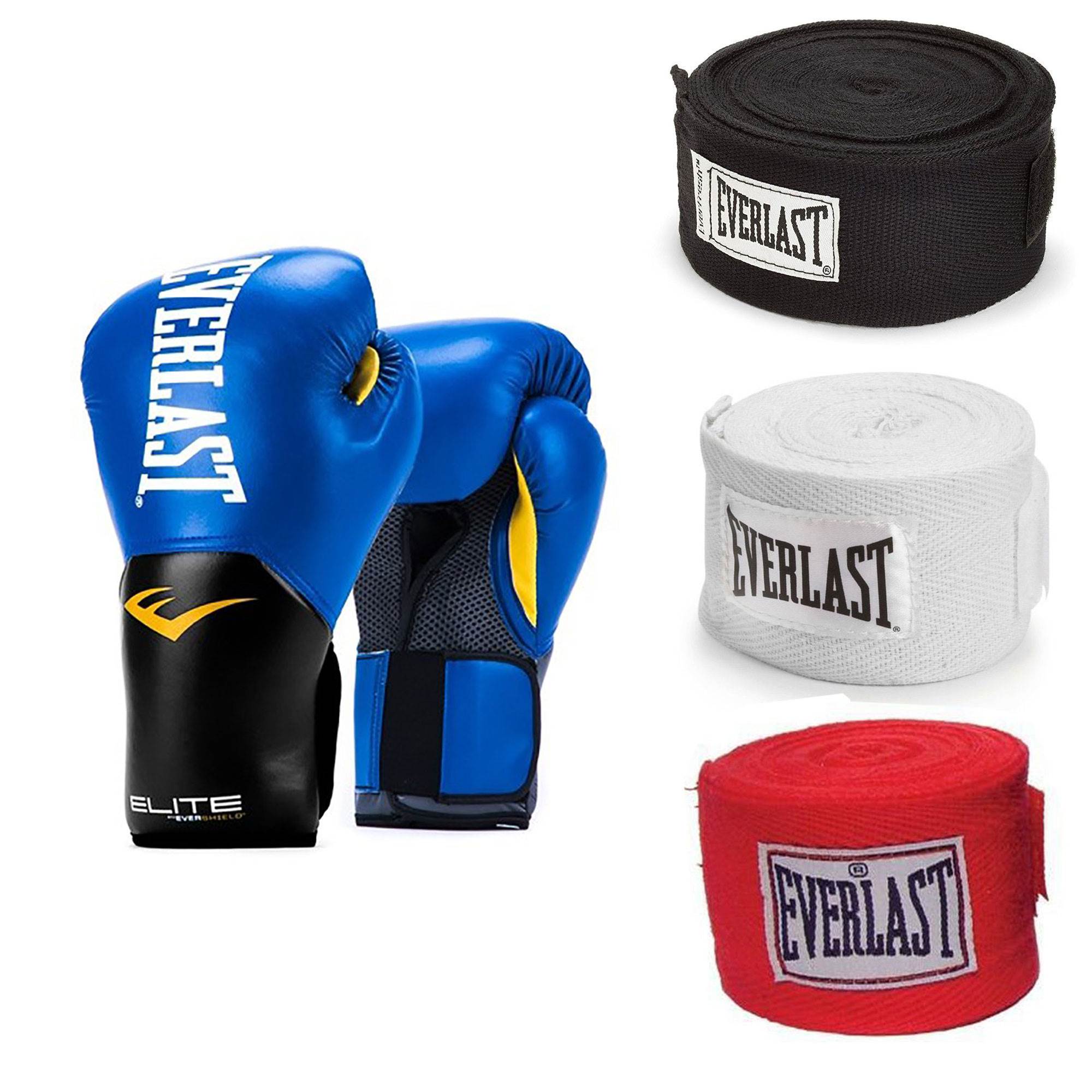 Everlast Blue Elite Pro Style Boxing Gloves 8 Oz & 120-Inch Hand Wraps (3 Pack)