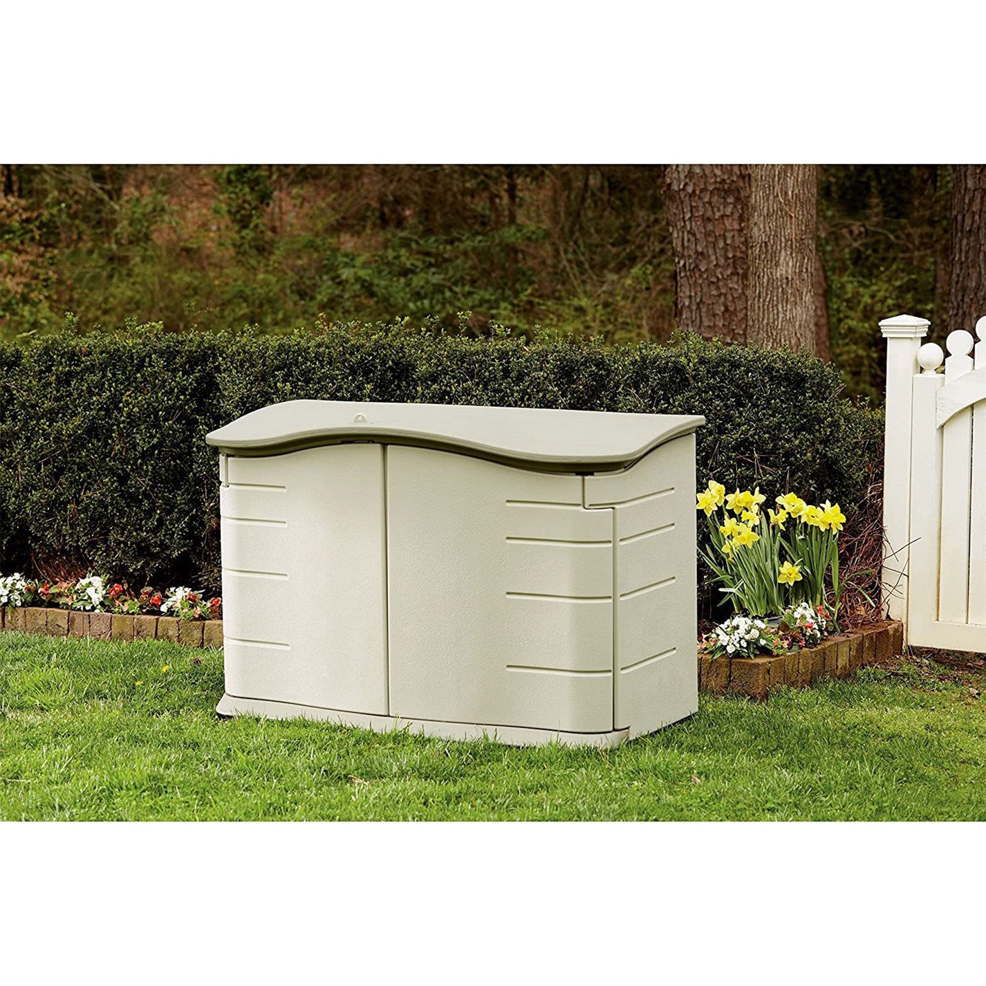 Rubbermaid Plastic Double Walled Horizontal Storage Shed, Sand/Brown (Used) - VMInnovations