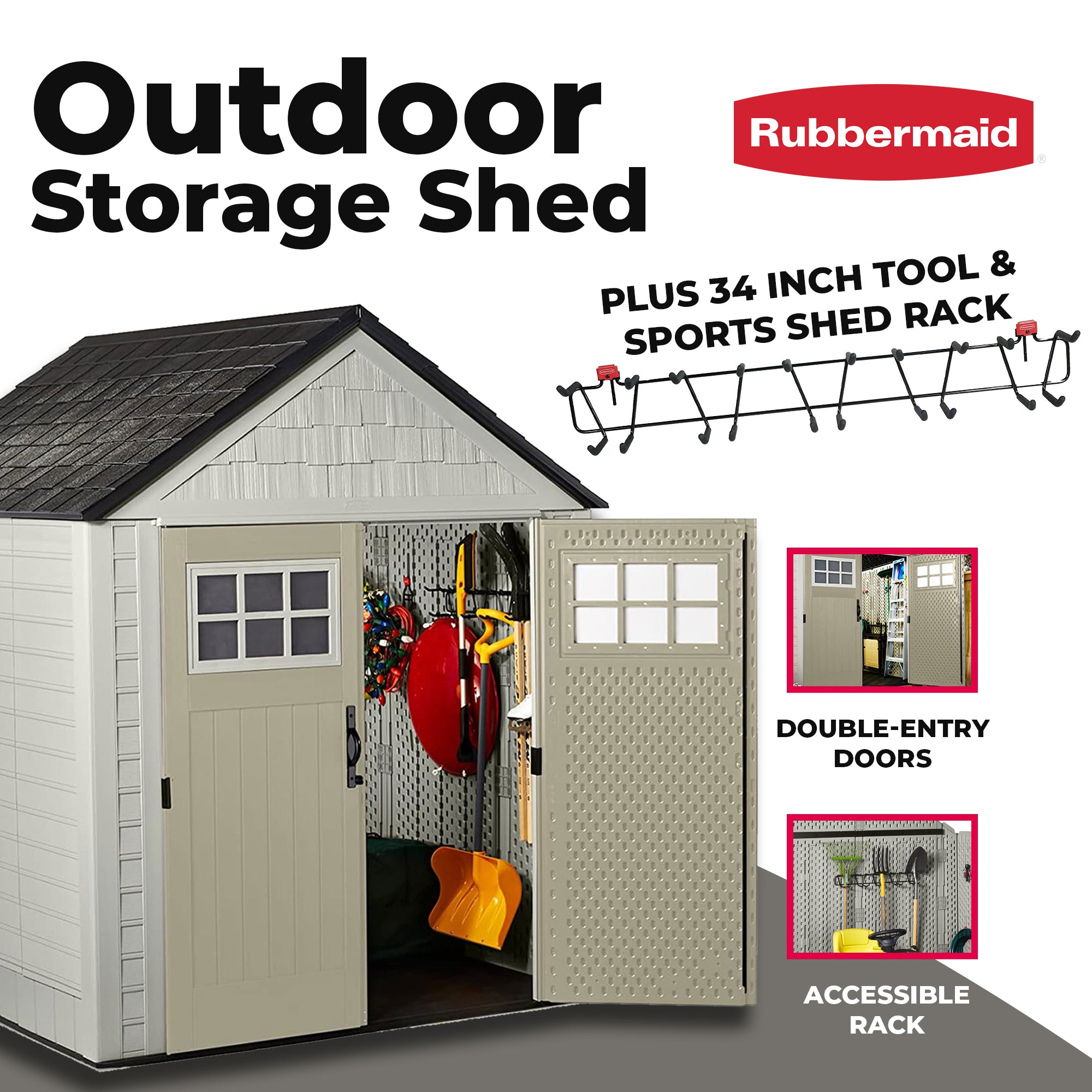 Rubbermaid 7x7 Feet Resin Outdoor Storage Shed + 34 Inch Tool & Sports Shed Rack