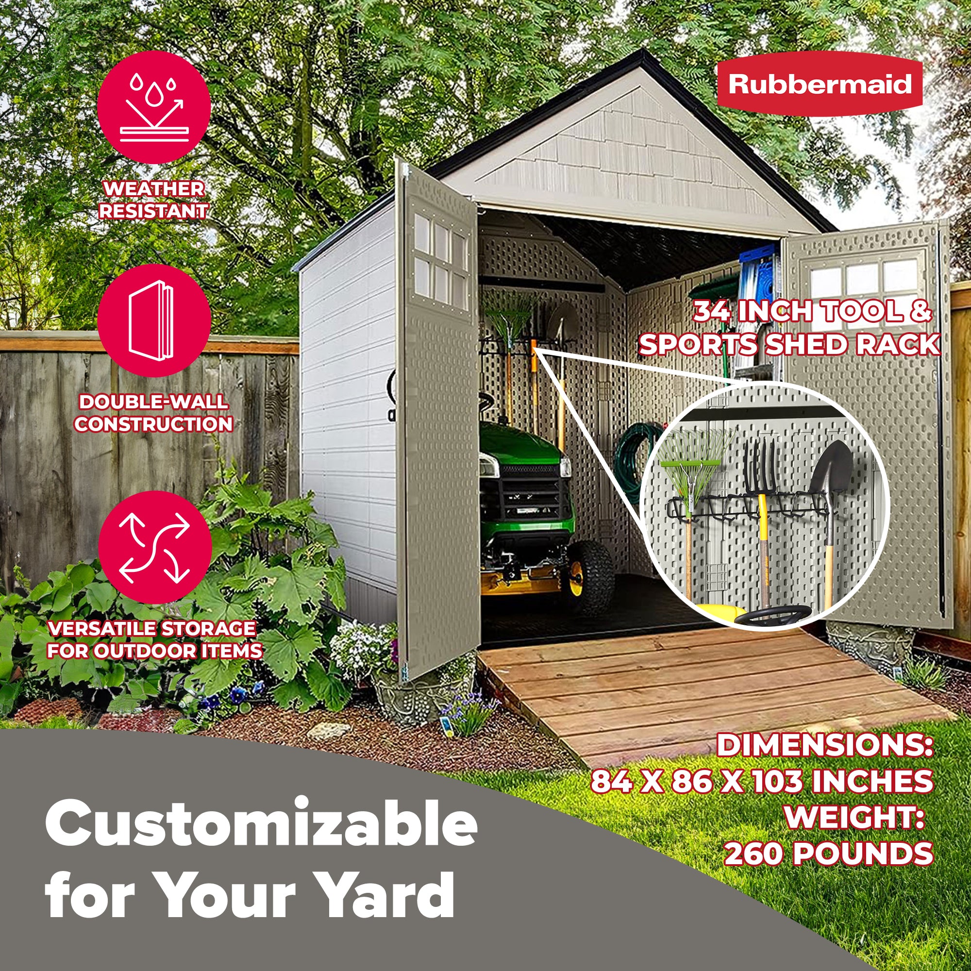 Rubbermaid 7x7 Feet Resin Outdoor Storage Shed + 34 Inch Tool & Sports Shed Rack