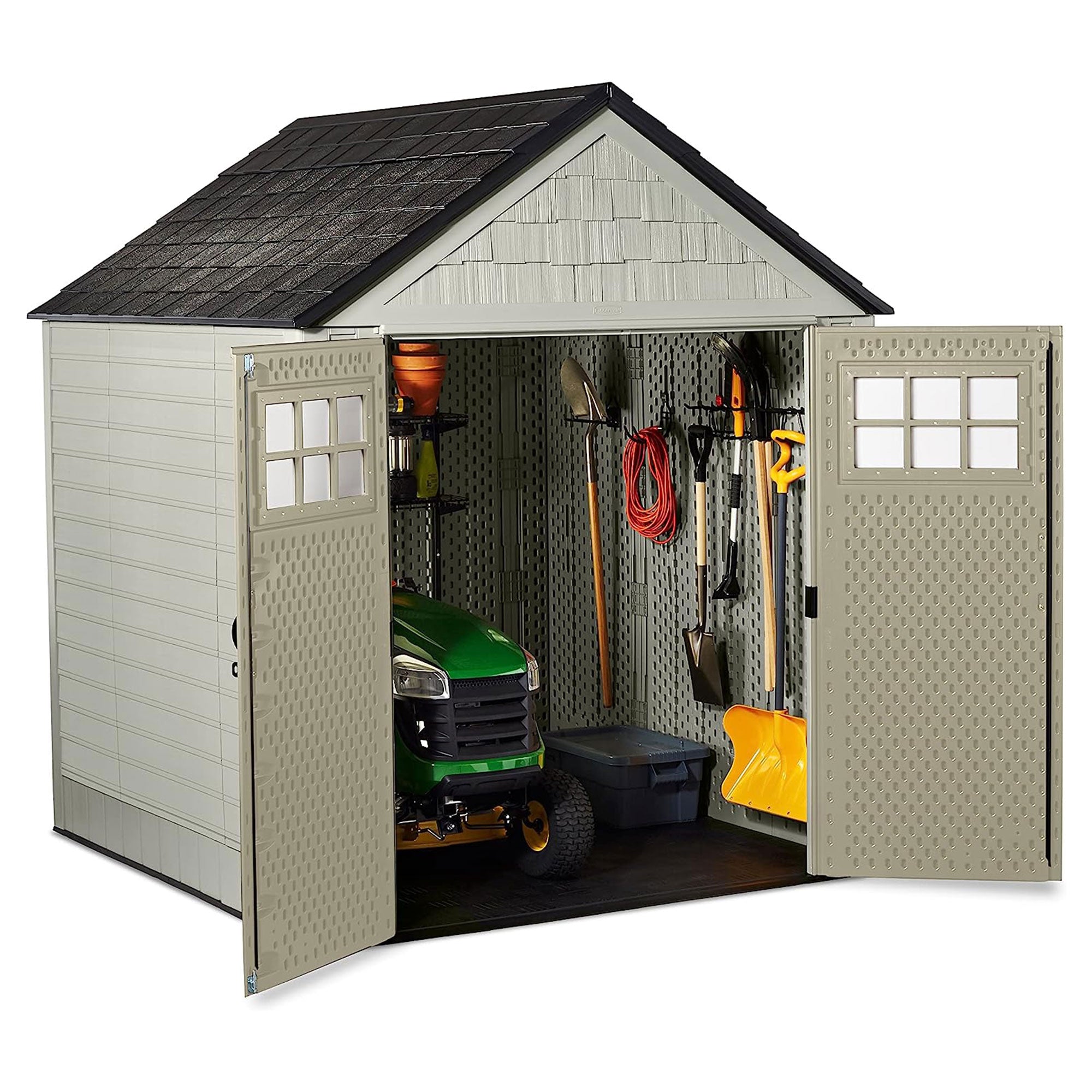 Rubbermaid 7x7 Ft Weather Resistant Resin Outdoor Storage Shed, Sand (Open Box) - VMInnovations