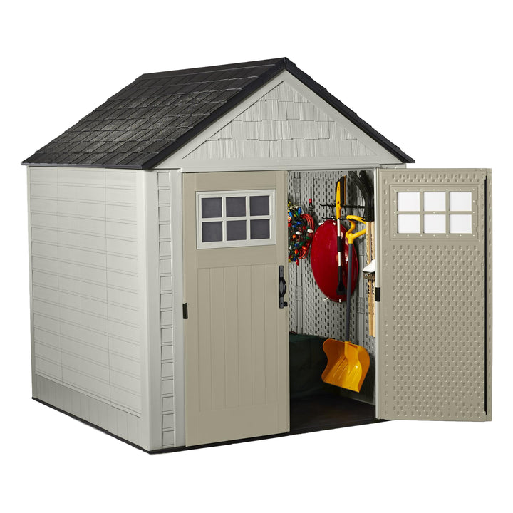 Rubbermaid 7x7 Ft Durable Weatherproof Resin Outdoor Storage Shed, Sand (2 Pack) - VMInnovations