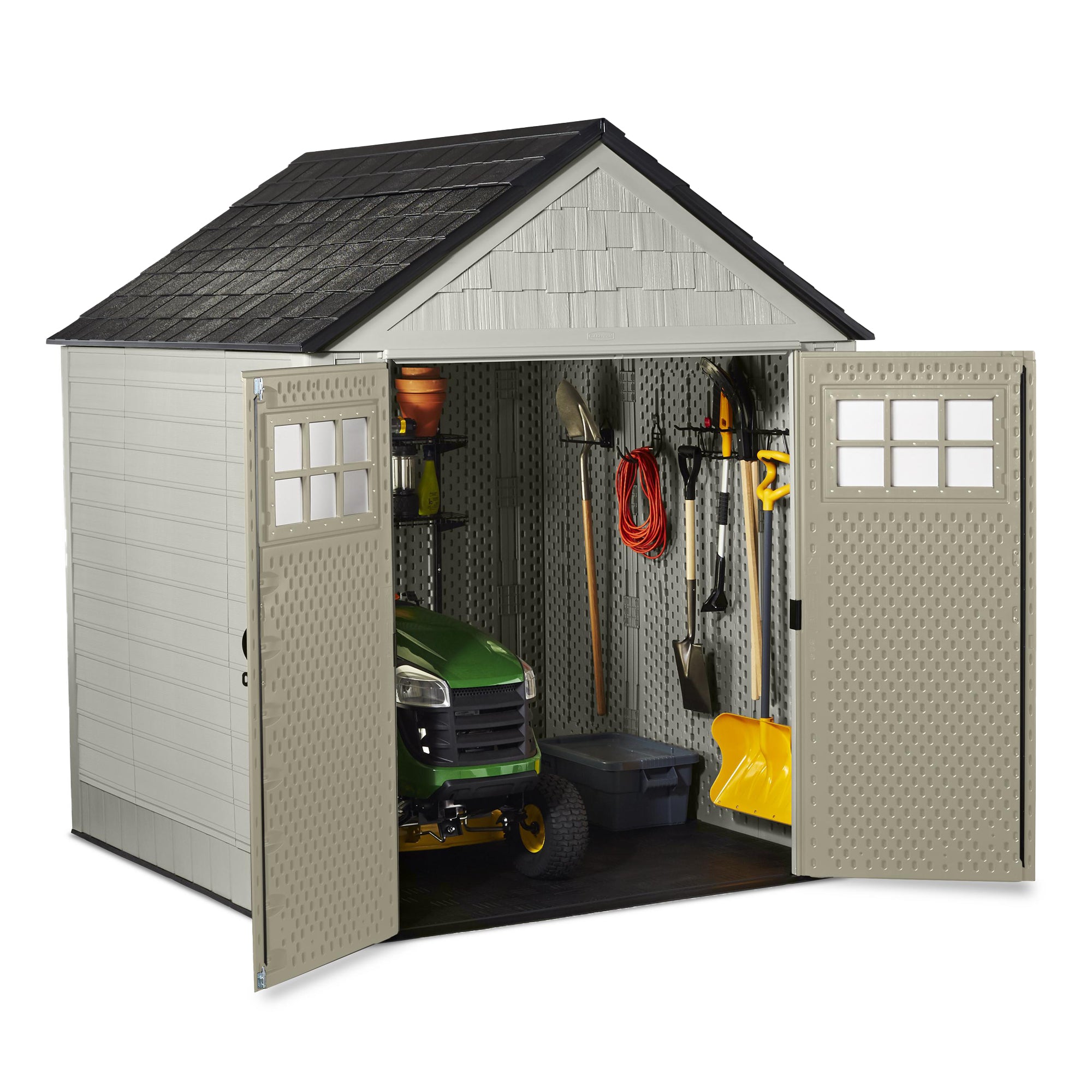 Rubbermaid 7x7 Ft Durable Weatherproof Resin Outdoor Storage Shed, Sand (2 Pack) - VMInnovations