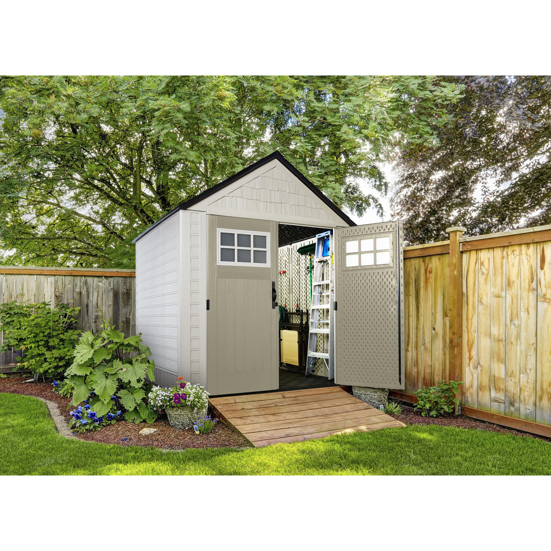 Rubbermaid 7x7 Ft Durable Weatherproof Resin Outdoor Storage Shed, Sand (2 Pack) - VMInnovations