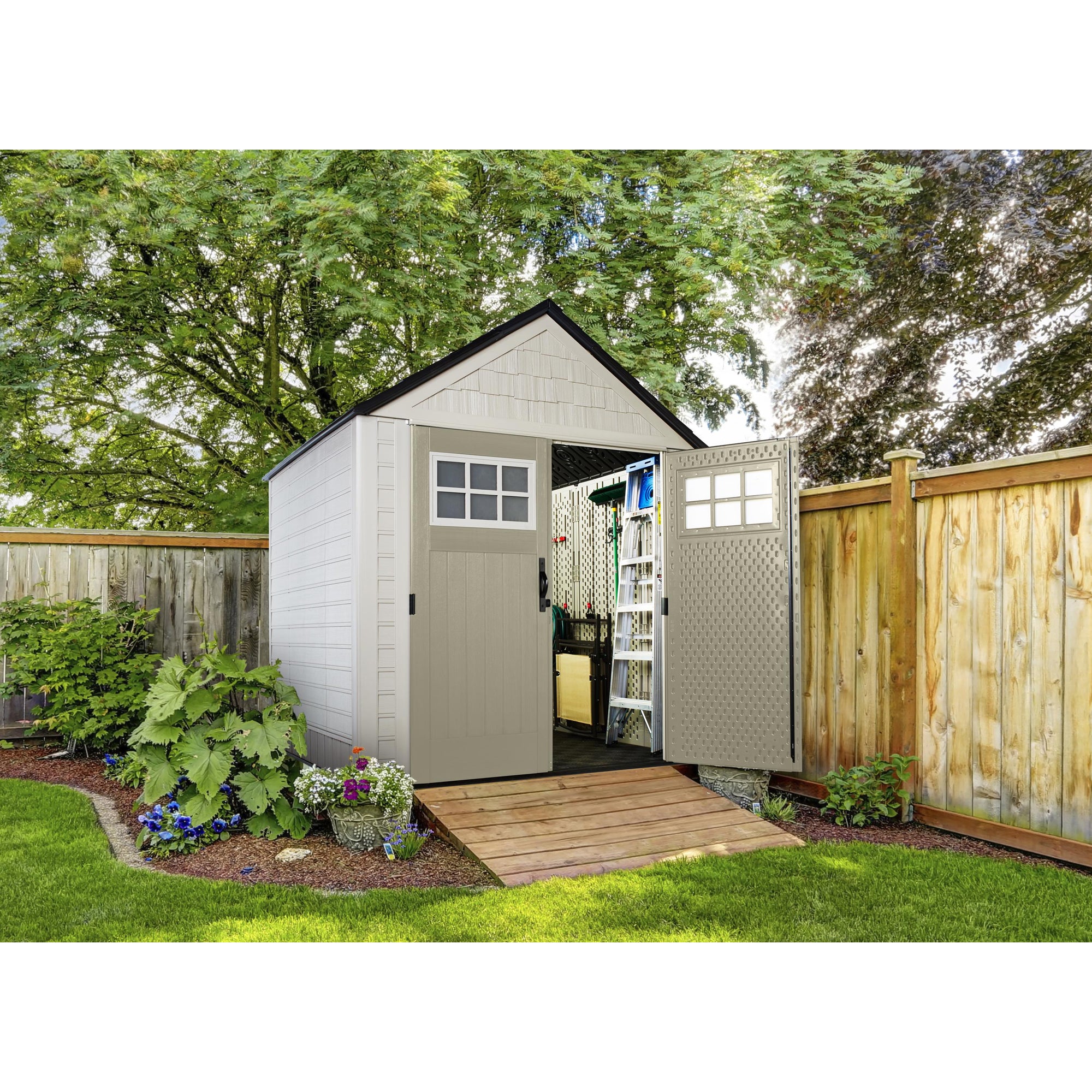 Rubbermaid 7x7 Ft Durable Weatherproof Resin Outdoor Storage Shed, Sand (2 Pack) - VMInnovations