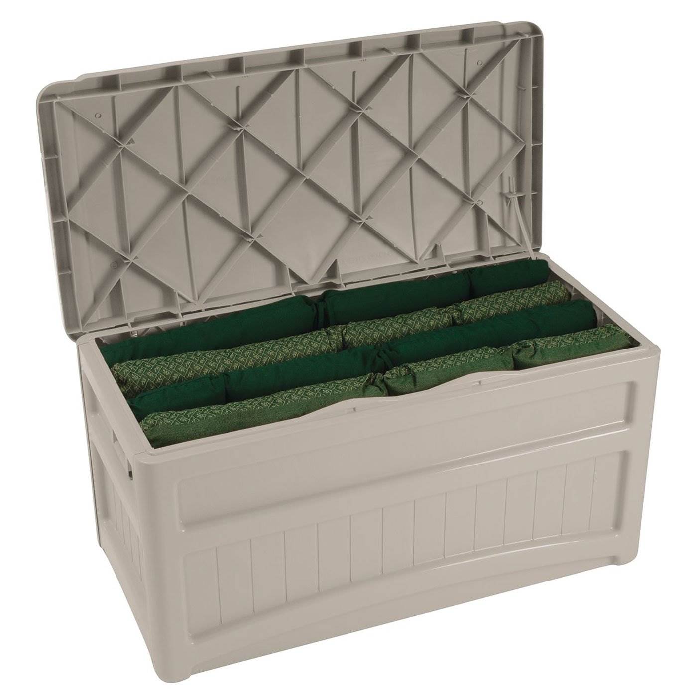 Suncast 73 Gallon Outdoor Patio Deck Storage Organization Box, Taupe (2 Pack) - VMInnovations