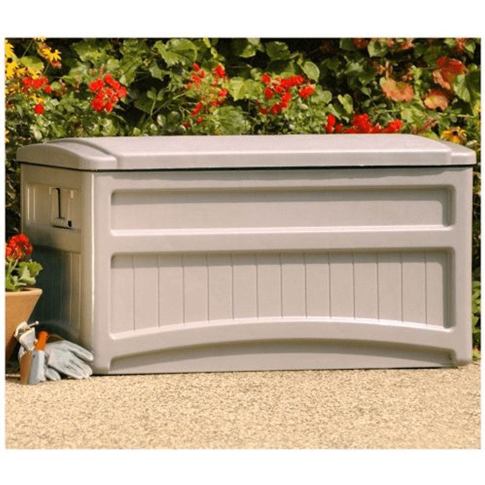 Suncast 73 Gallon Outdoor Patio Deck Storage Organization Box, Taupe (2 Pack) - VMInnovations